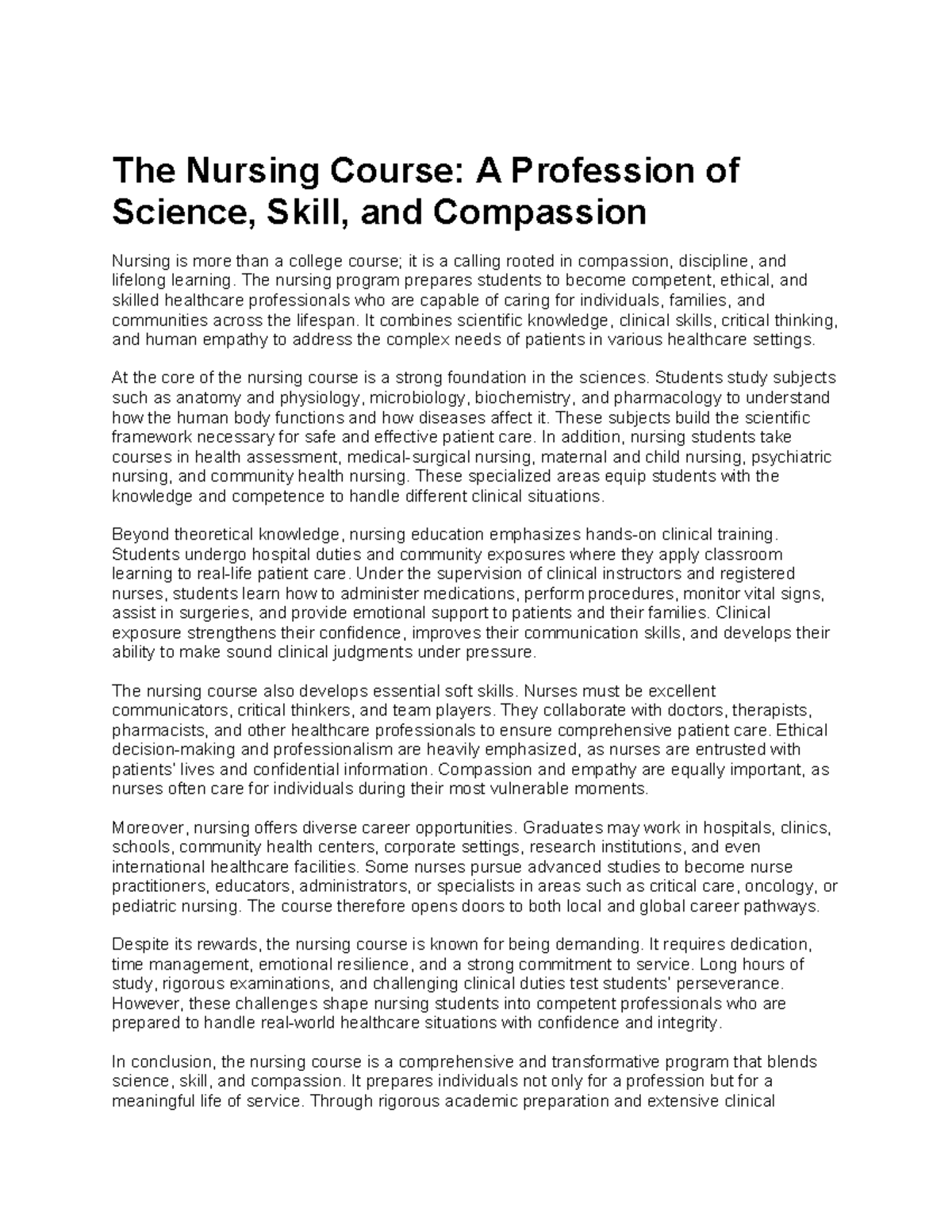 NUR 101: The Nursing Profession - Science, Skill, and Compassion Essay ...