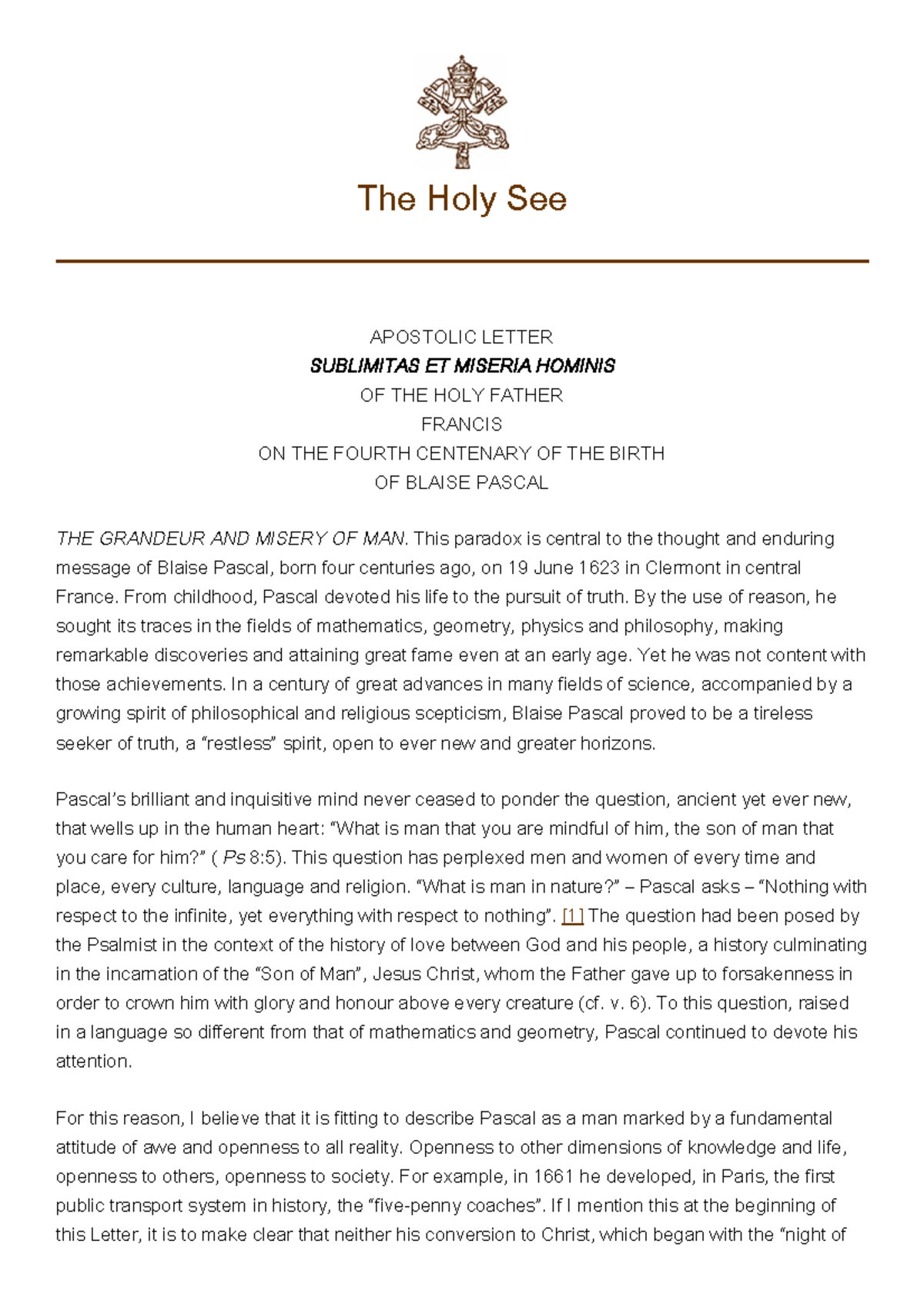 Apostolic Letter on Blaise Pascal: The Grandeur and Misery of Man - Studocu