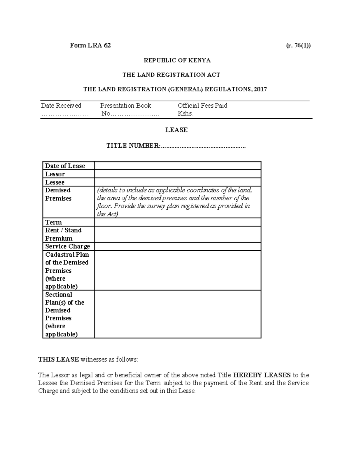 Form LRA 62: Lease Agreement Under the Land Registration Act - Studocu