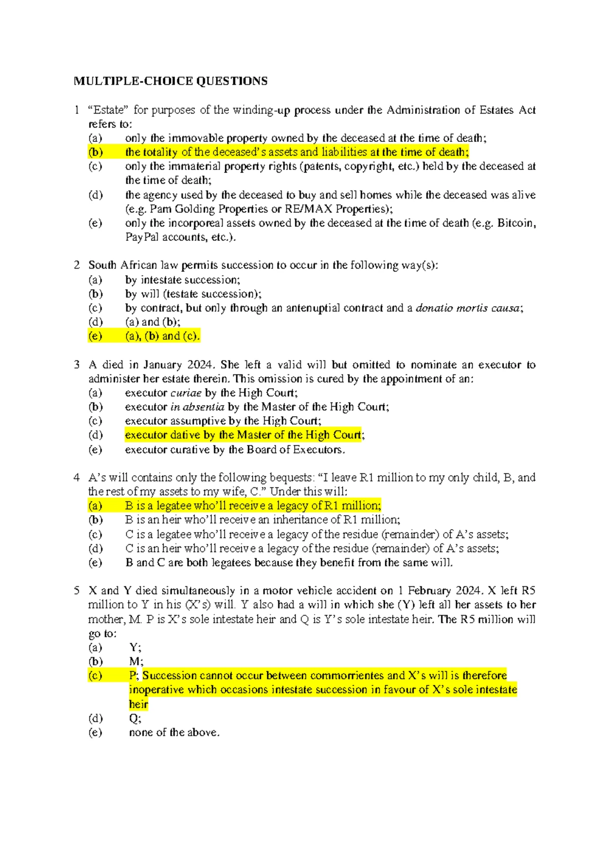 Law of Succession Test 1 Memo - MULTIPLE-CHOICE QUESTIONS 1 “Estate ...