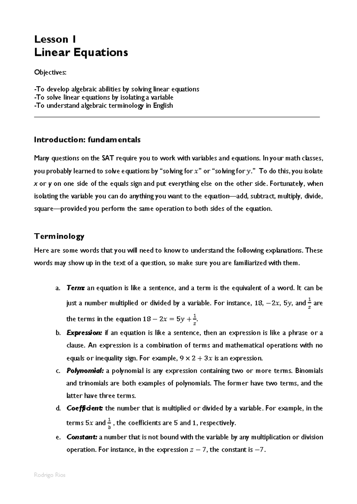 Lesson 1 - Linear Equations: Objectives & Techniques (ALG 1) - Studocu