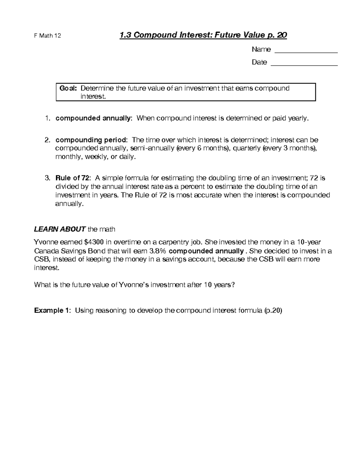 F Math 12: 1.3 Compound Interest & Future Value Analysis - Studocu