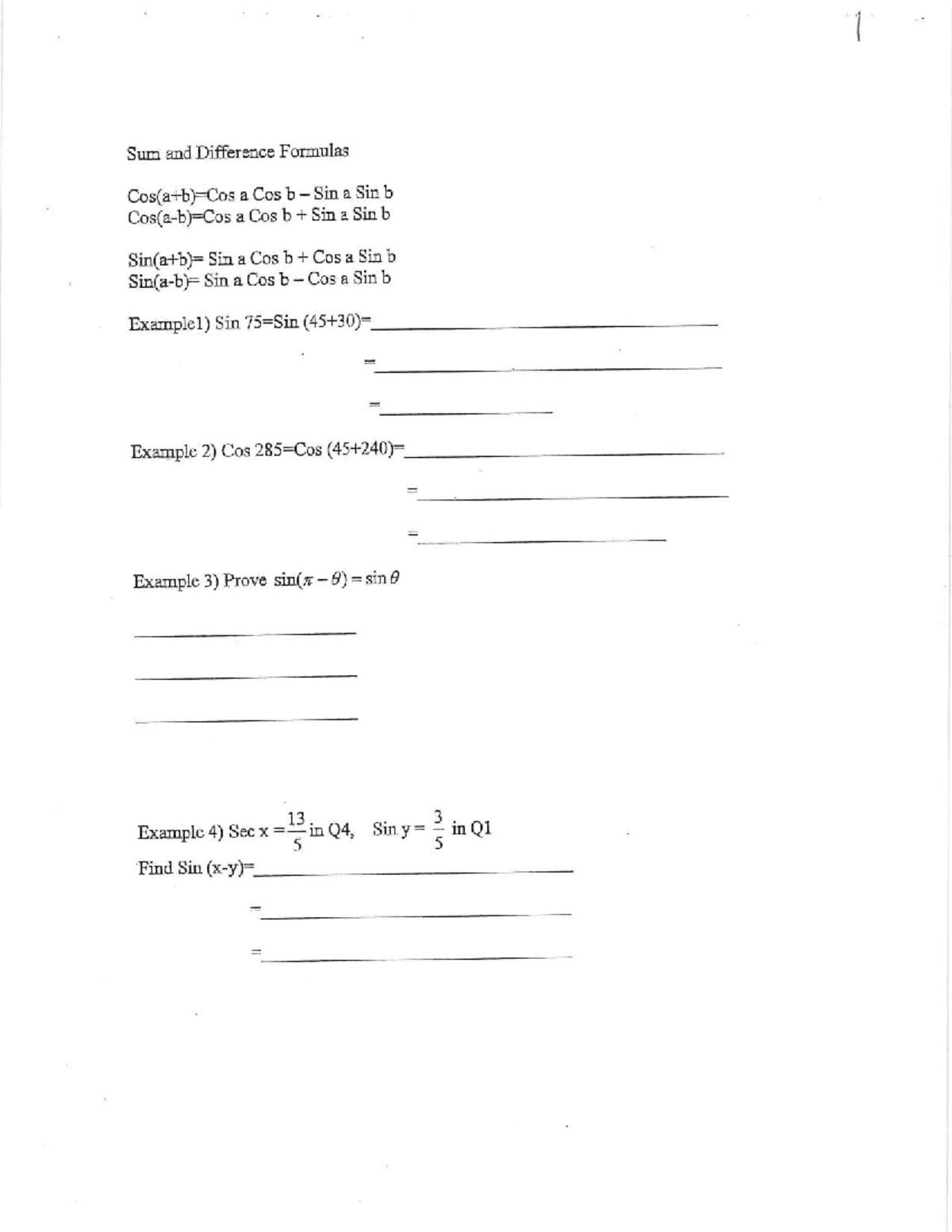 Sum and Difference Formulas Homework Sheet for Precalculus 5-4 - Studocu