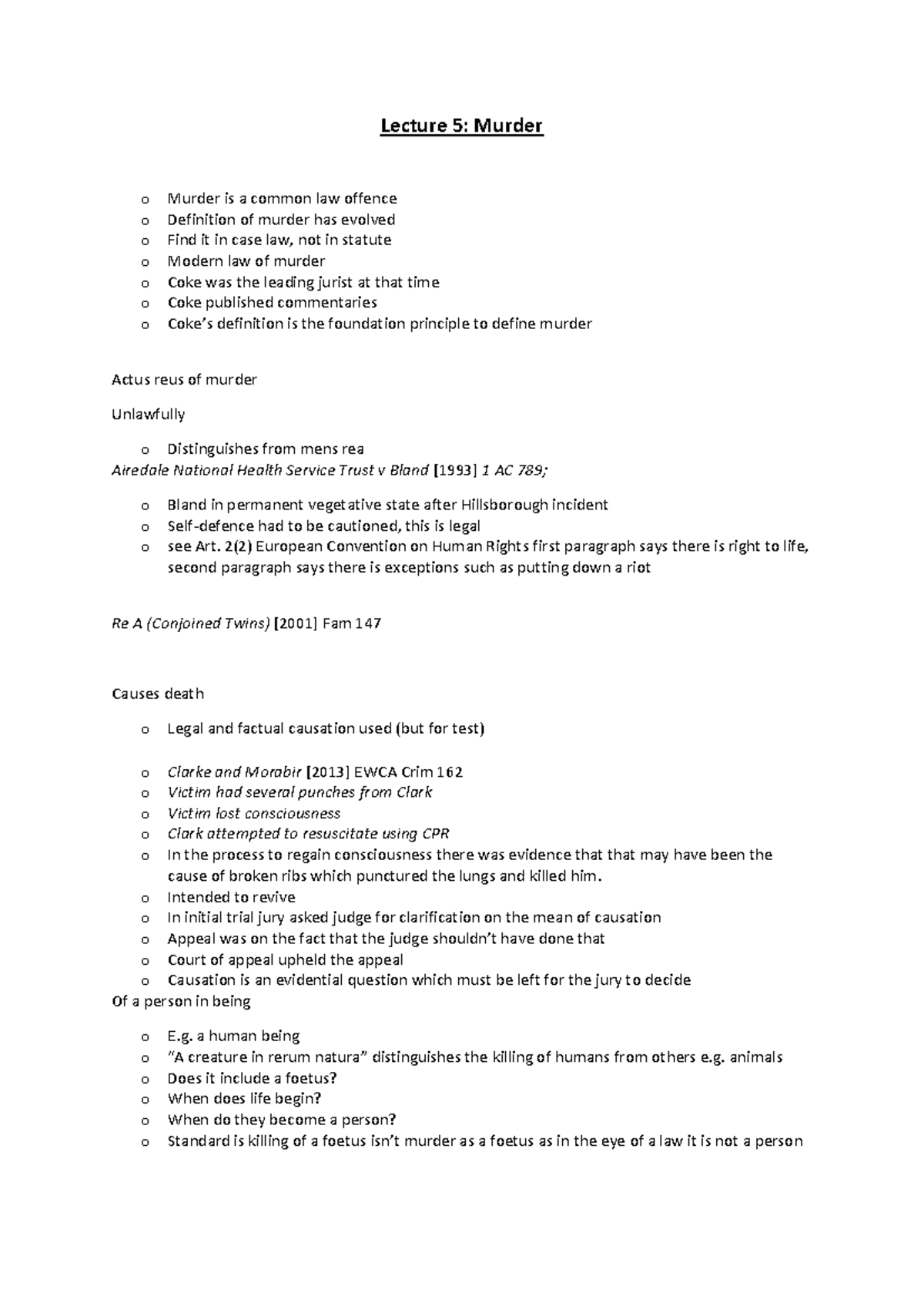 Murder - Lecture Notes 5: Evolving Definitions and Legal Cases - Studocu
