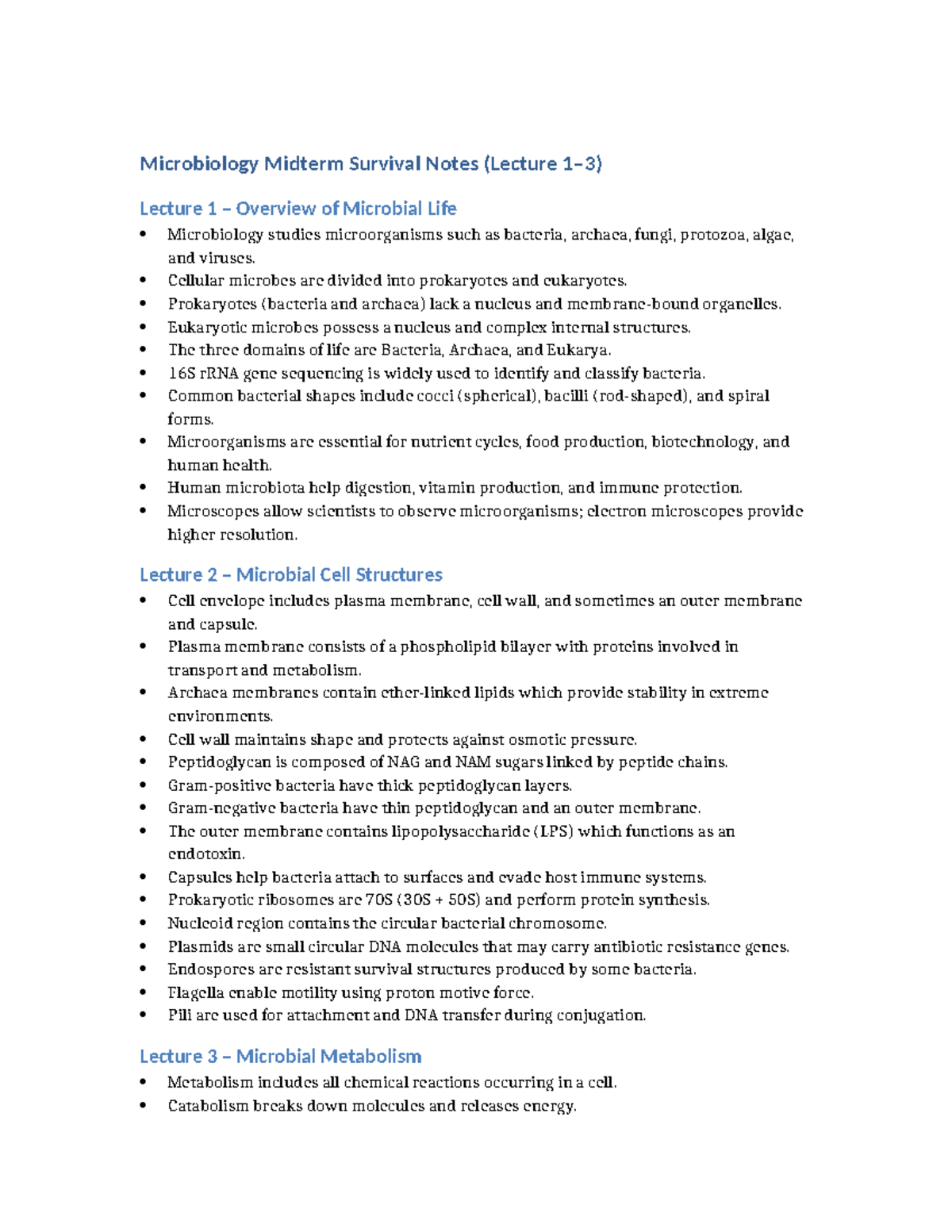 Microbiology Midterm Notes (Lectures 1-3) Overview of Microbial Life ...