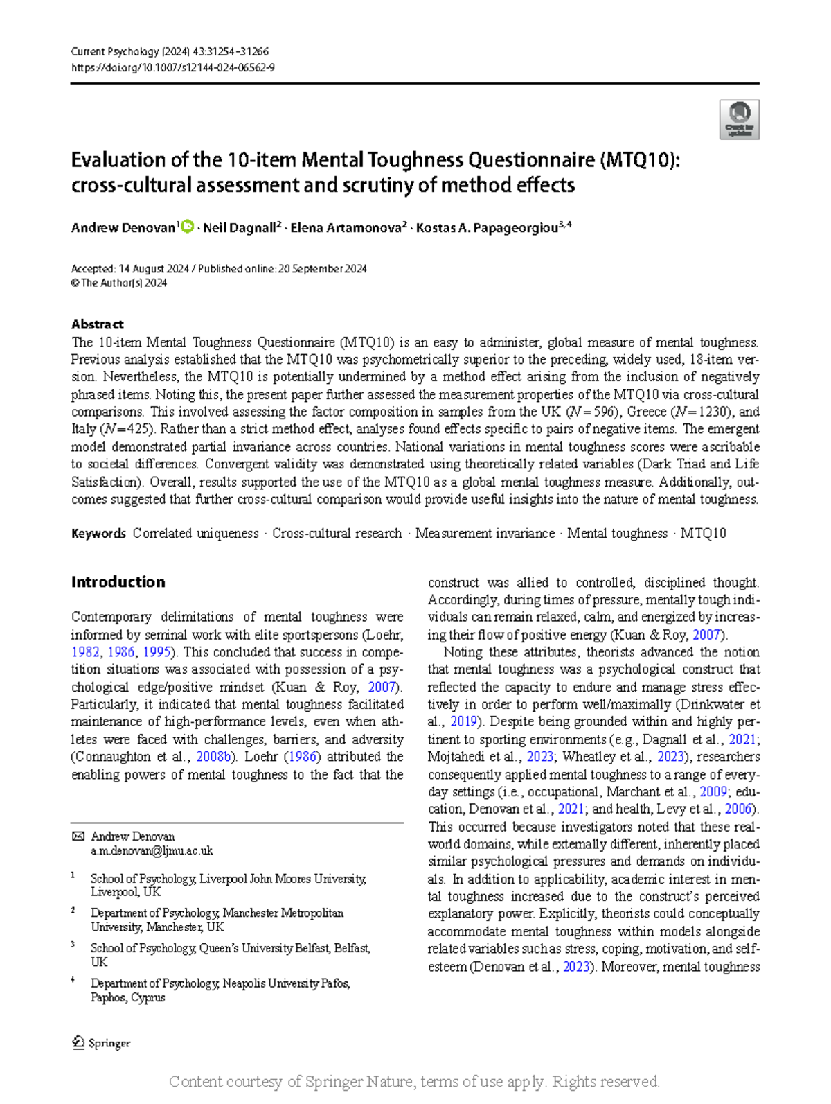 Evaluation of the MTQ10: Method Effects and Cross-Cultural Insights ...