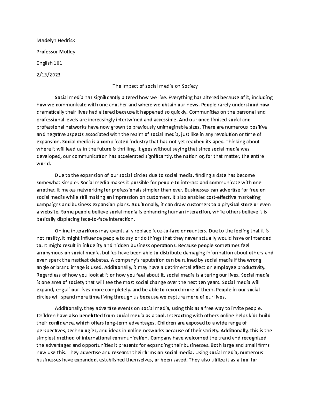 English 101 Essay: The Impact of Social Media on Society - Studocu