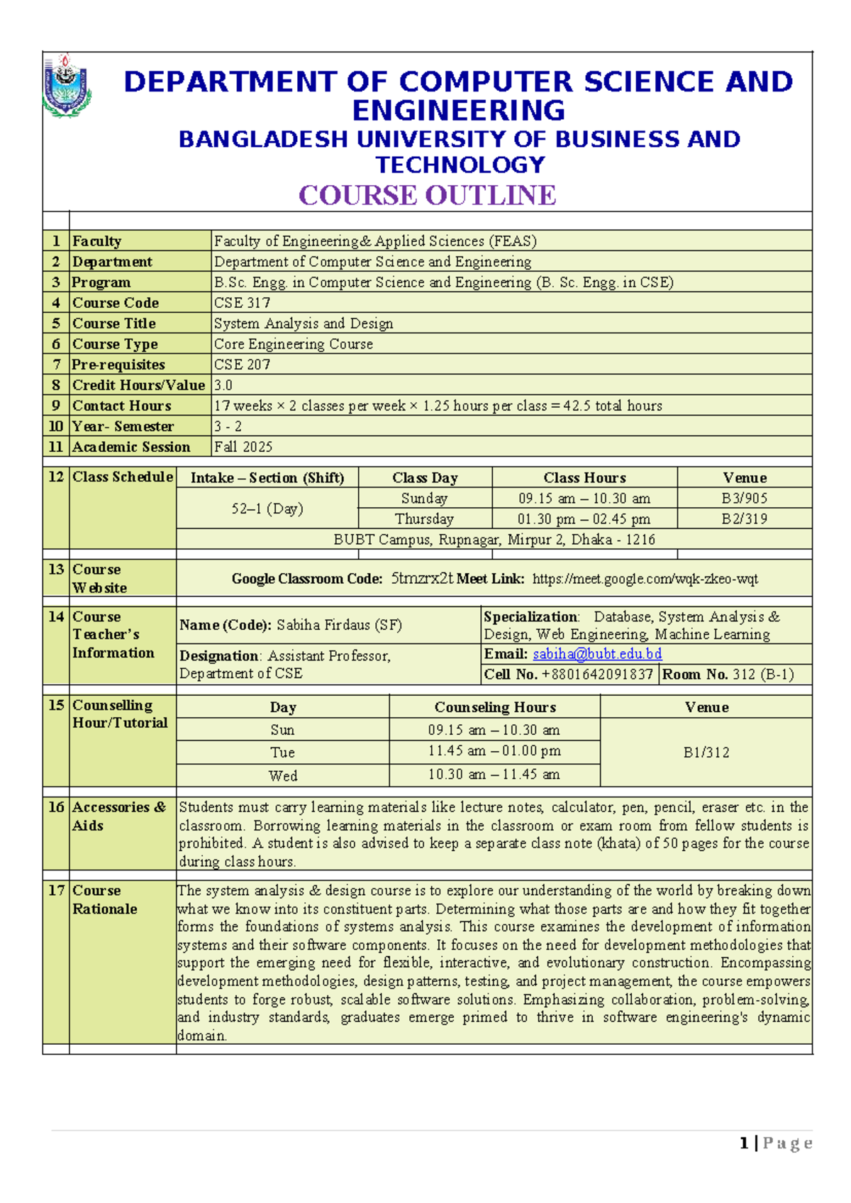 Course Outline for CSE 317: System Analysis and Design - Fall 2025 ...
