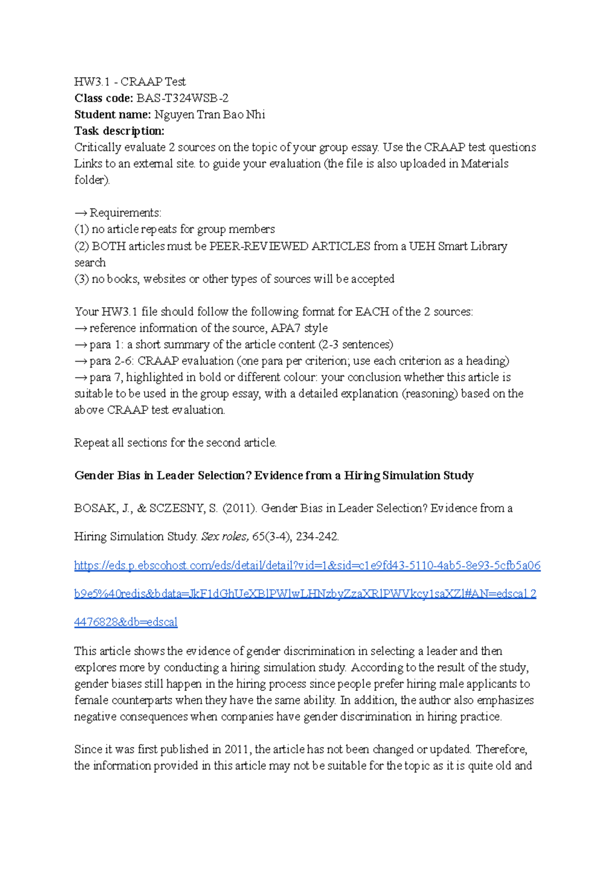 HW3.1 BAS-T324WSB-2 CRAAP Test Evaluation of 2 Peer-Reviewed Sources ...