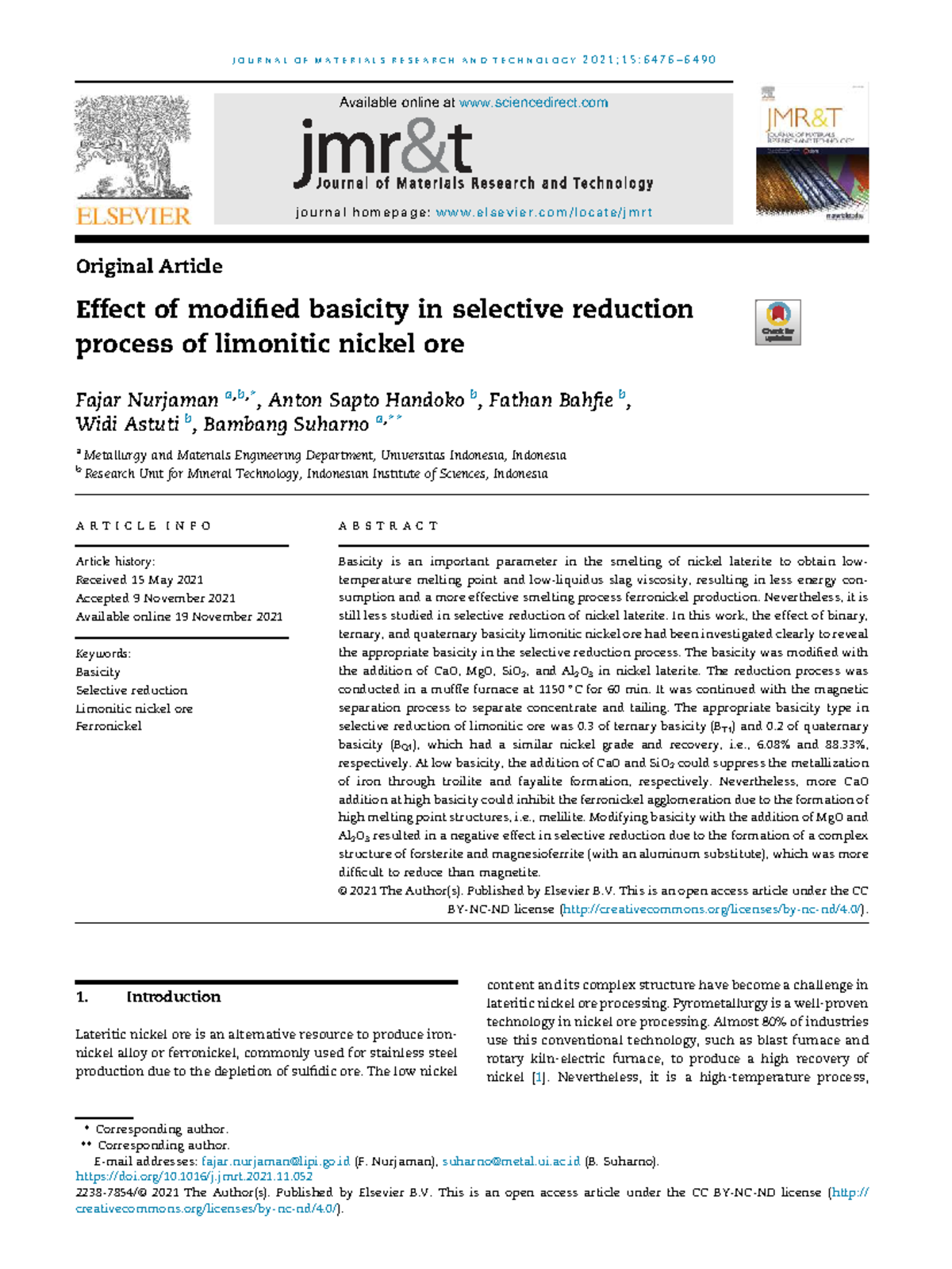 Effect of Modified Basicity on Selective Reduction of Limonitic Nickel ...