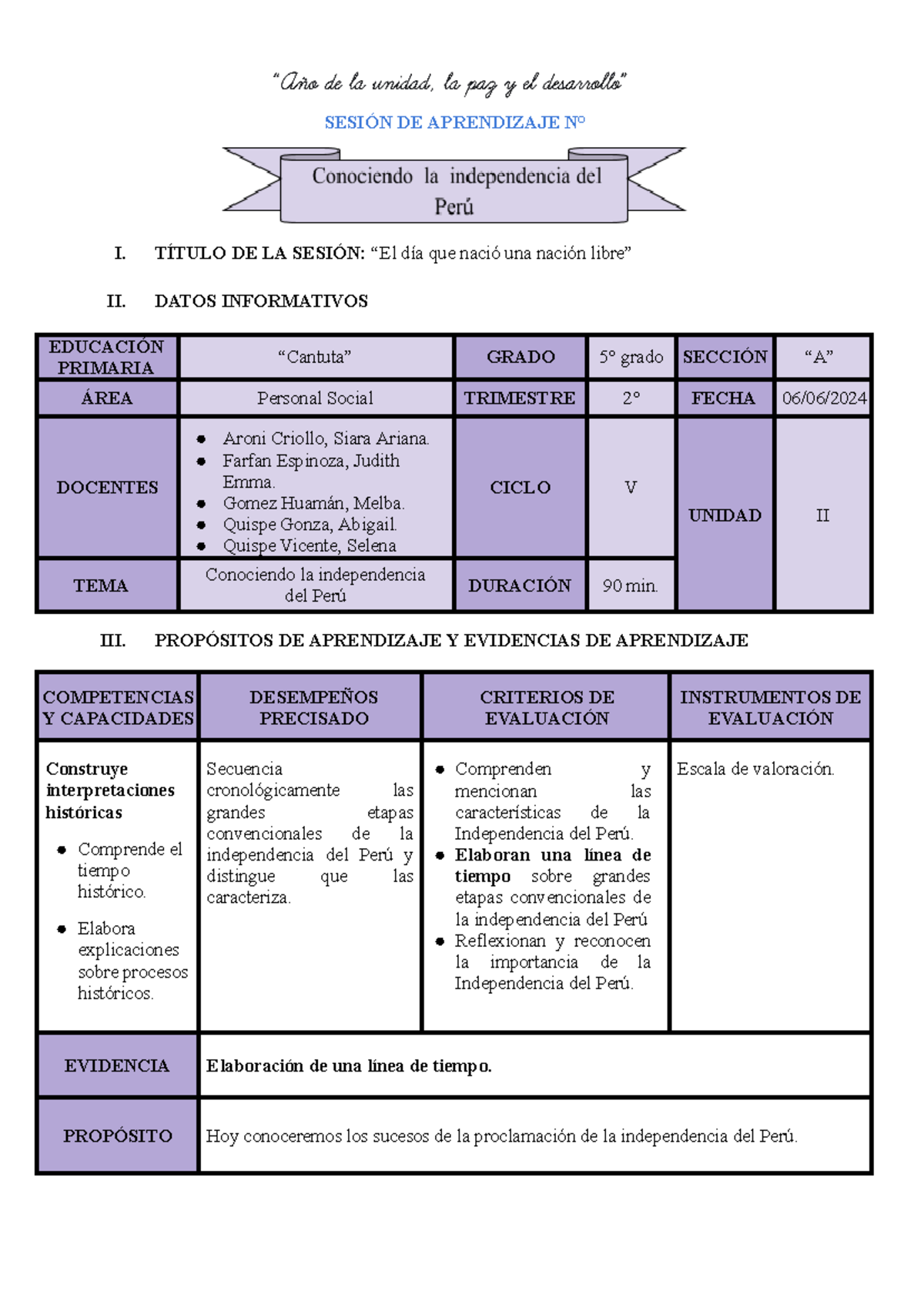 Sesión Aprendizaje: Independencia del Perú - 5° Grado Cantuta - Document Preview