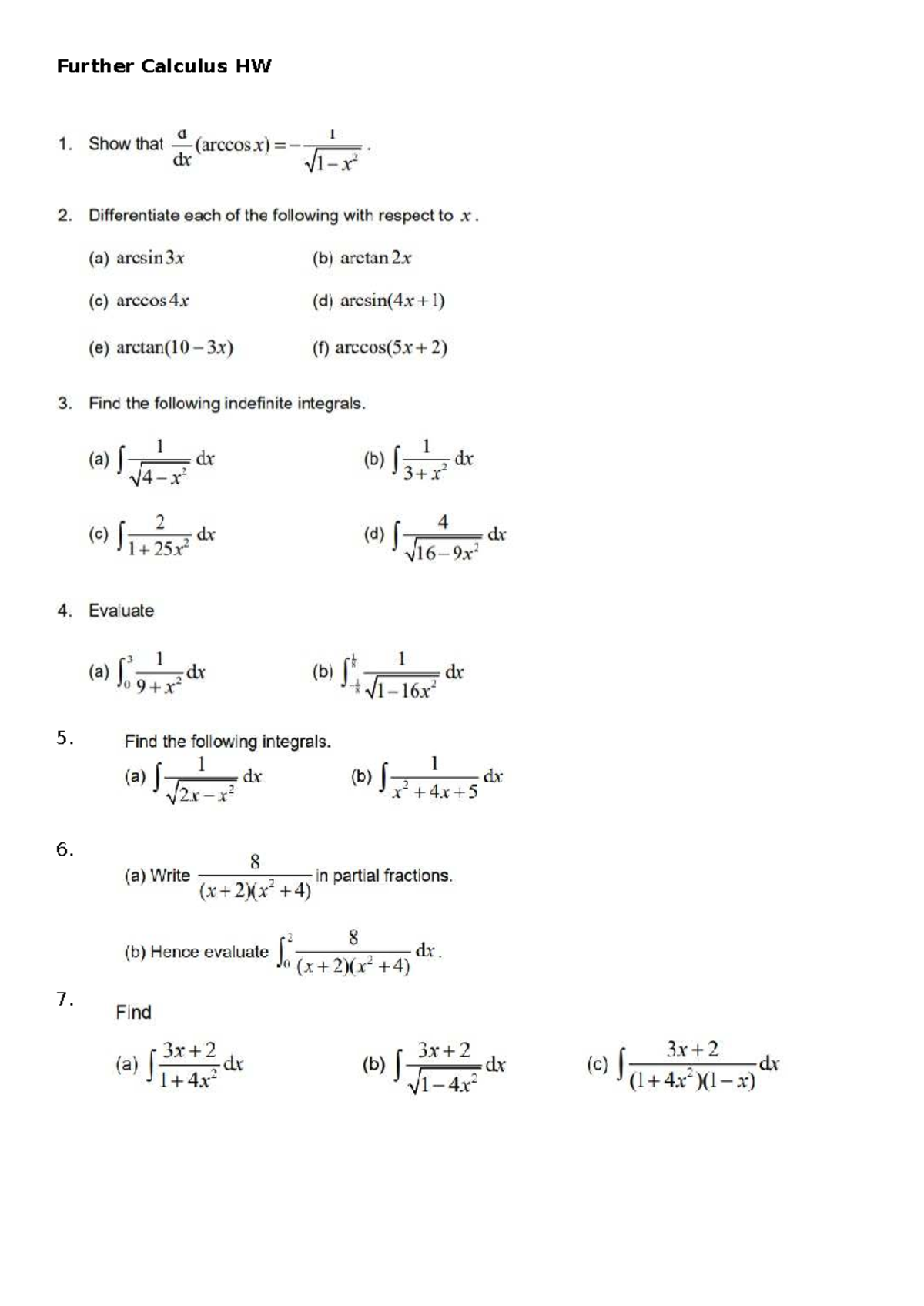Further Calculus HW 1: Differentiation & Integration Problems - Studocu