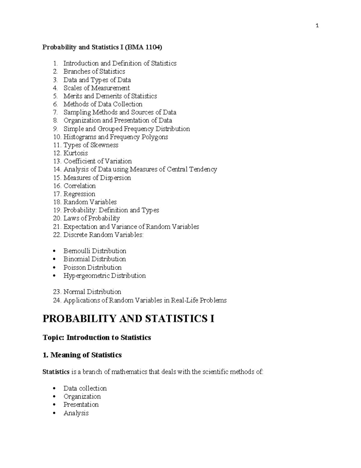 Probability and Statistics I (BMA 1104): Intro to Statistics and Data ...