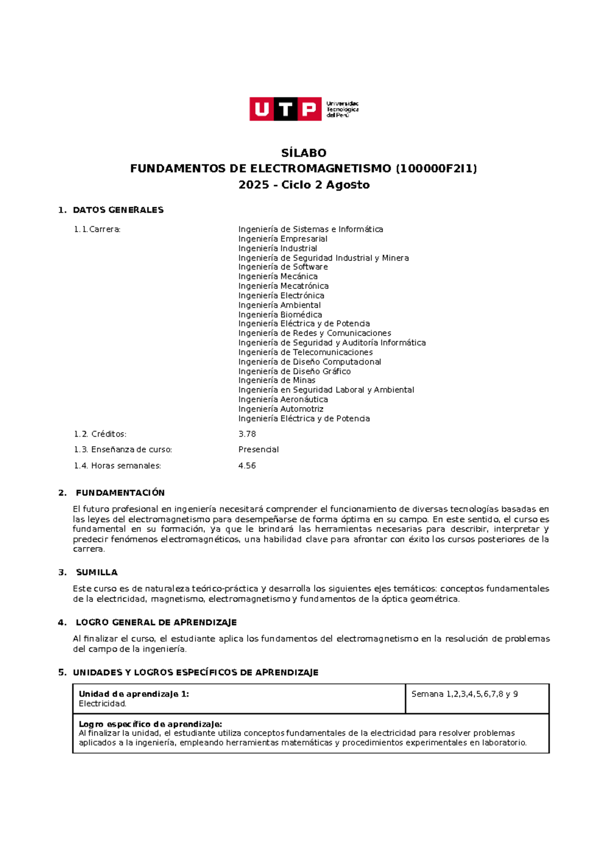 Sílabo de Fundamentos de Electromagnetismo 2025 - Ciclo 2 - Document Preview
