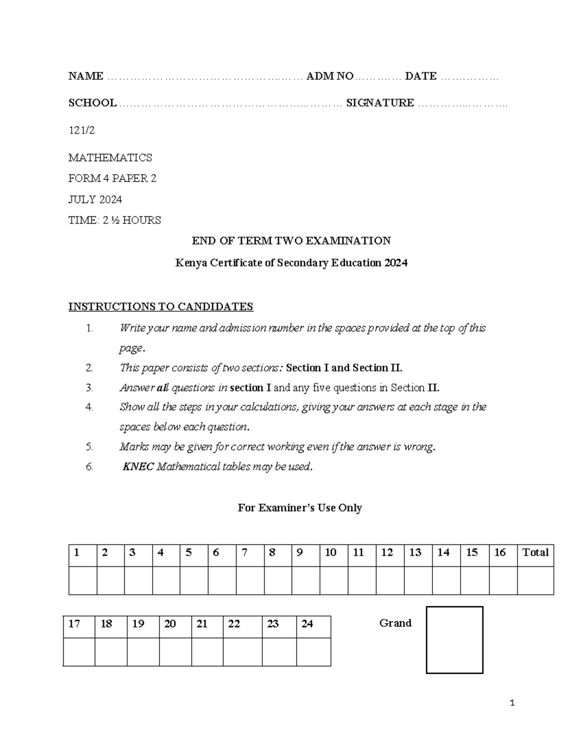 Mathematics END F4T2 PP2 QS - NAME ...