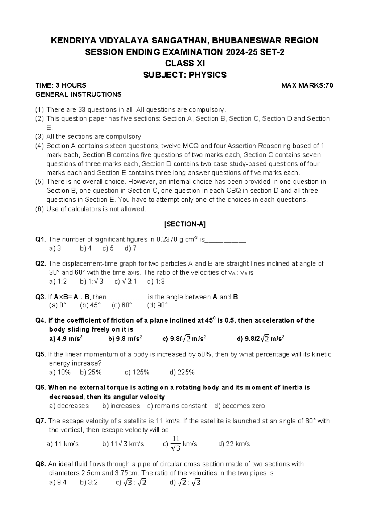 Final Exam QP XI Physics Set-2 - Kendriya Vidyalaya Bhubaneswar - Studocu