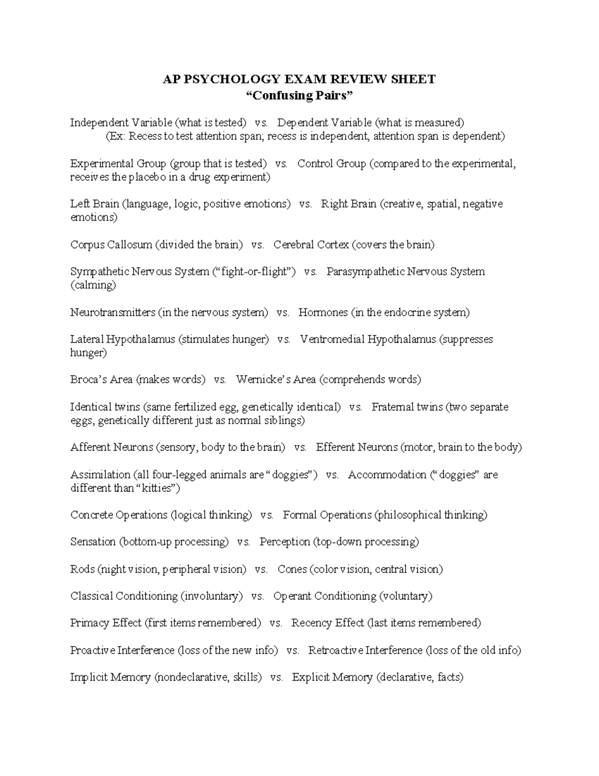 AP Psychology Review: Confusing Pairs Cheat Sheet - Studocu