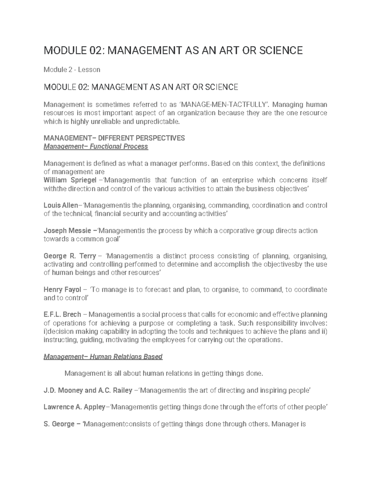 MODULE 02: MANAGEMENT AS AN ART OR SCIENCE - Lesson Notes - Studocu