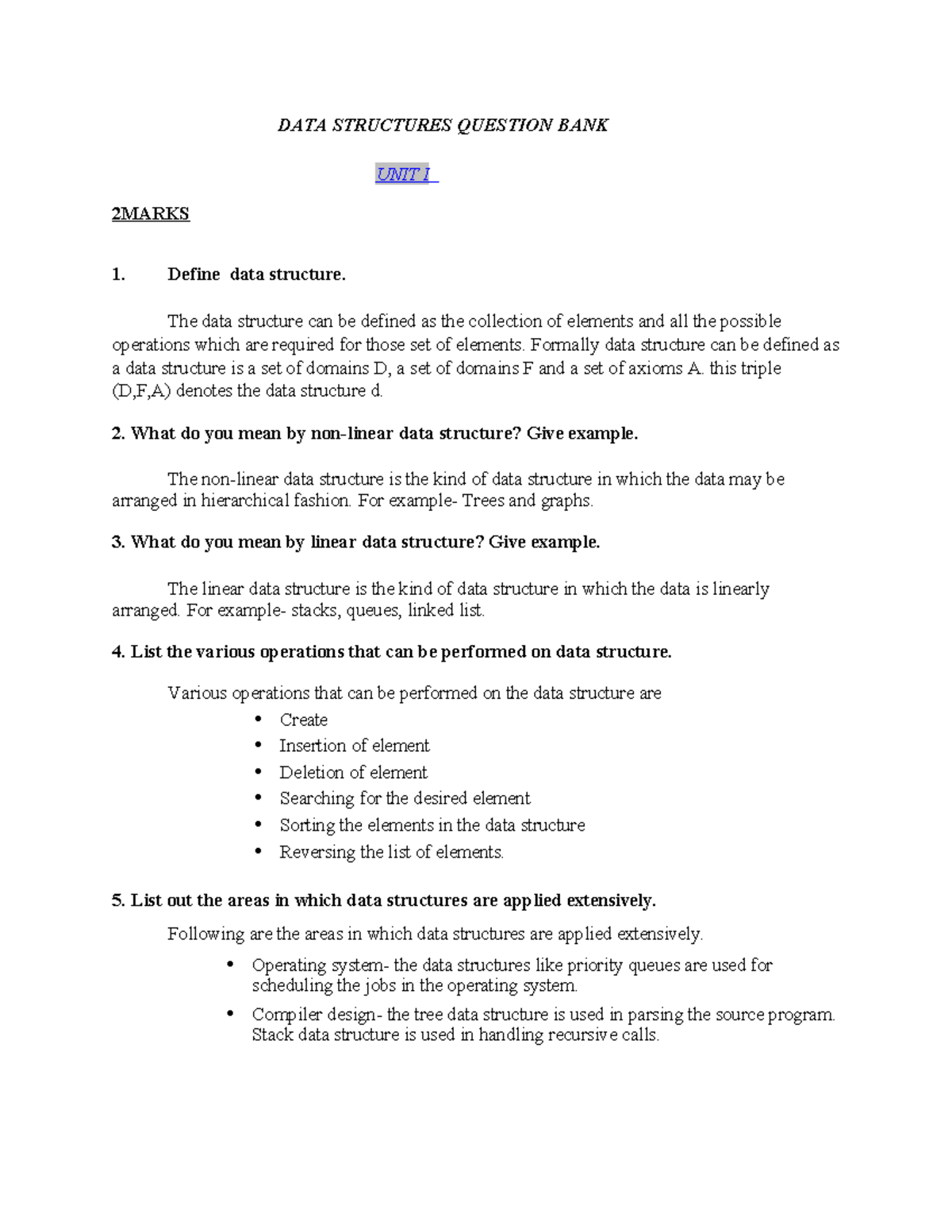 DATA STRUCTURES QUESTION BANK UNIT I: 2 MARKS & 5 MARKS QUESTIONS - Studocu
