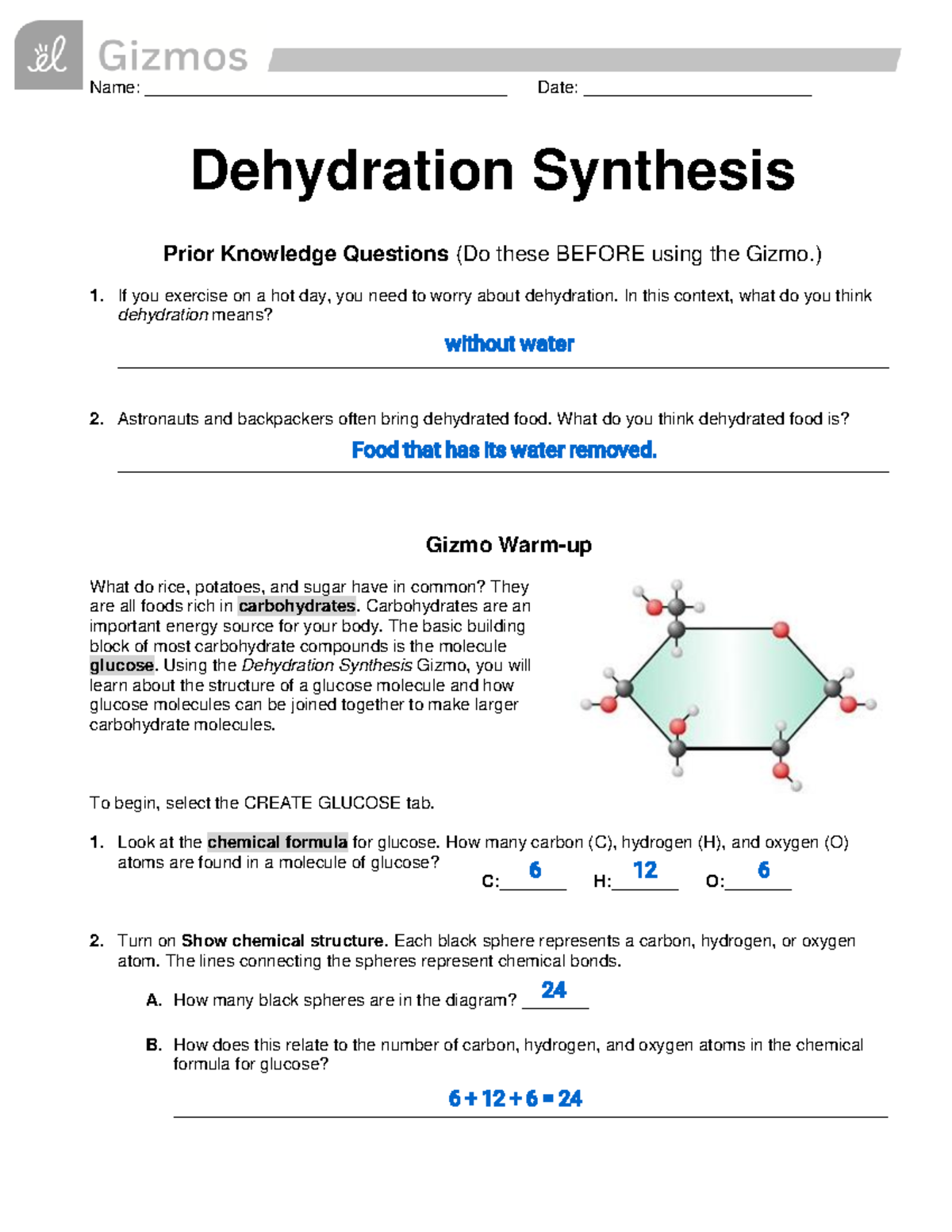 Answers - gizmos - dehydration synthesis - Name ...