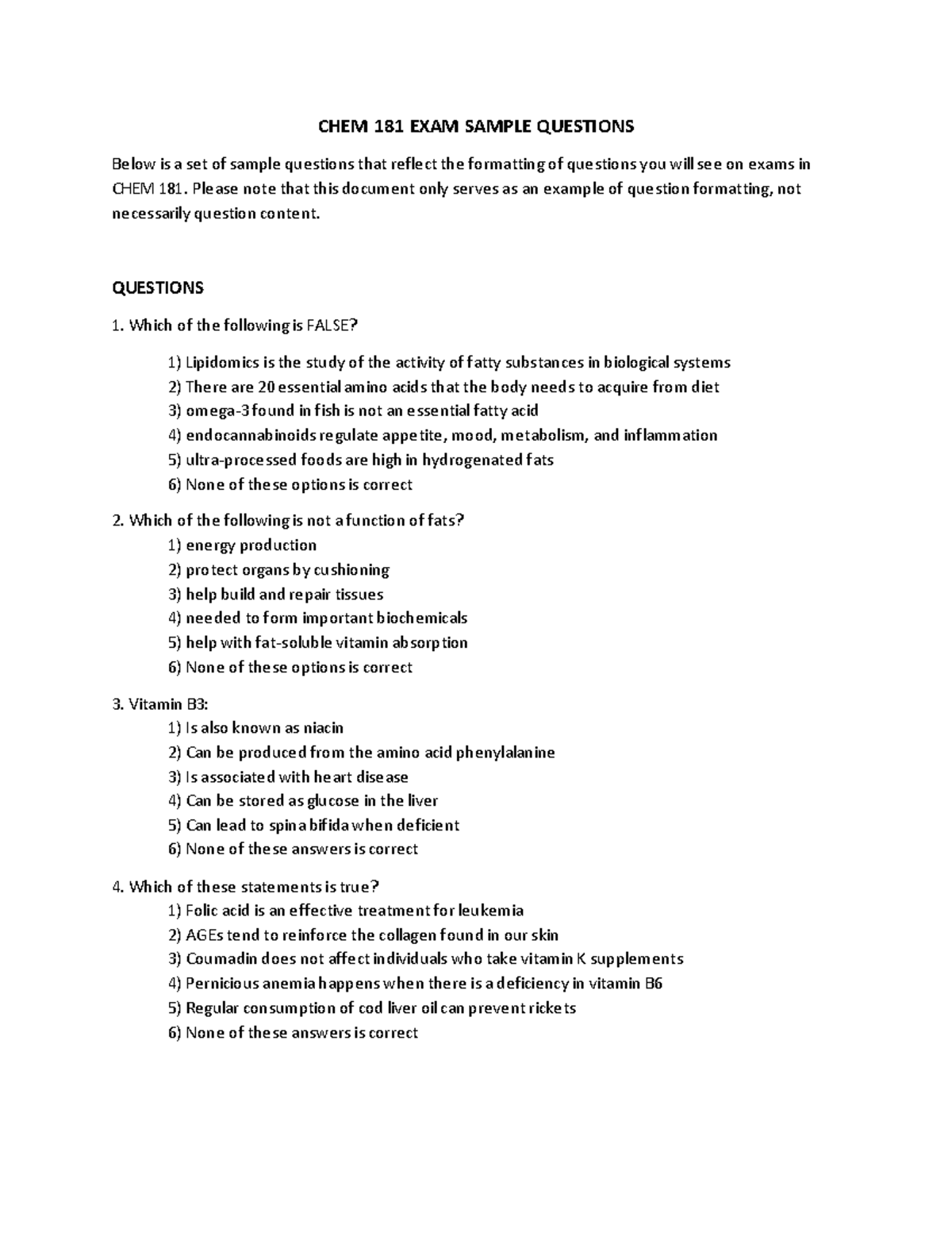 CHEM 181 Sample Exam Questions and Format Guide - Studocu