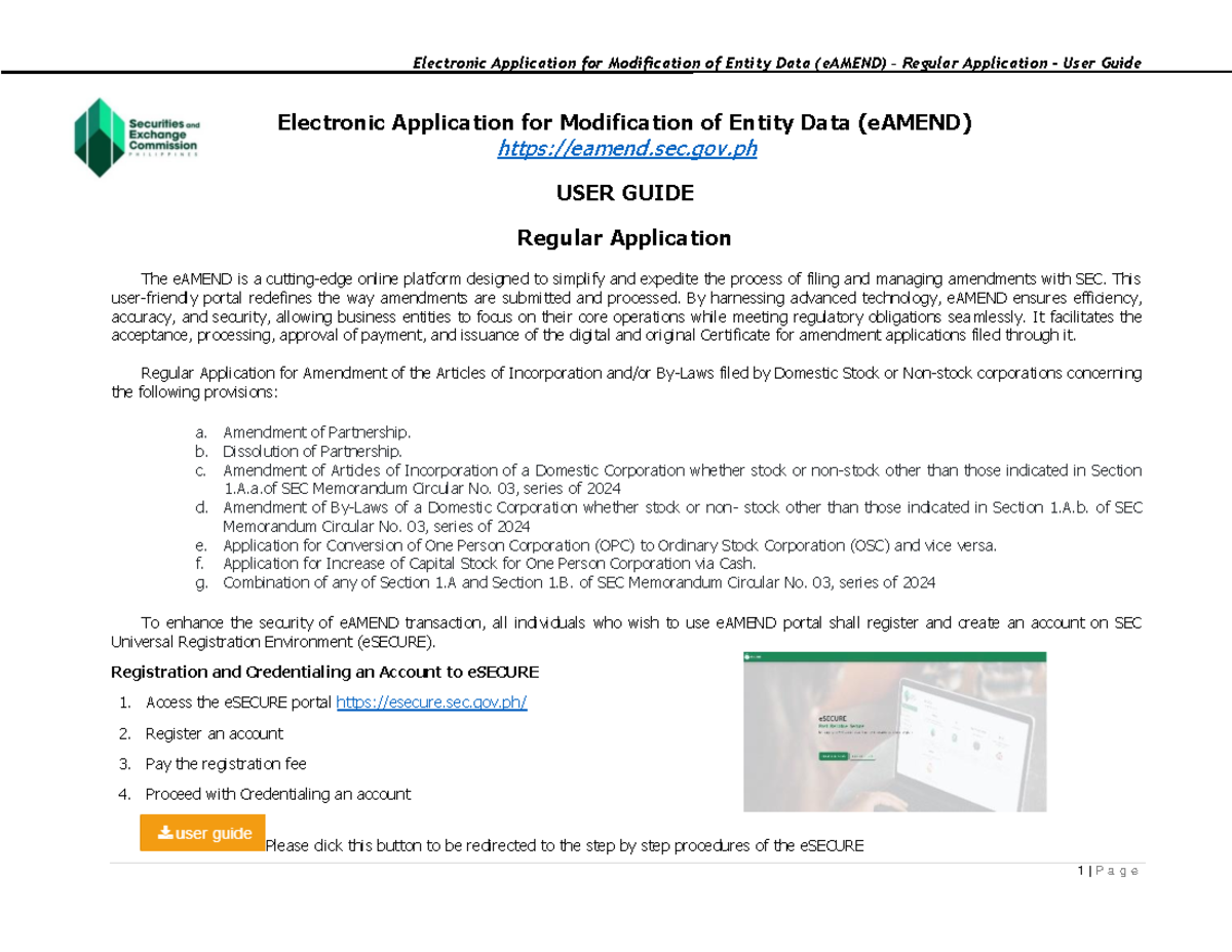 eAMEND User Guide: Regular Application Process for SEC Compliance - Studocu