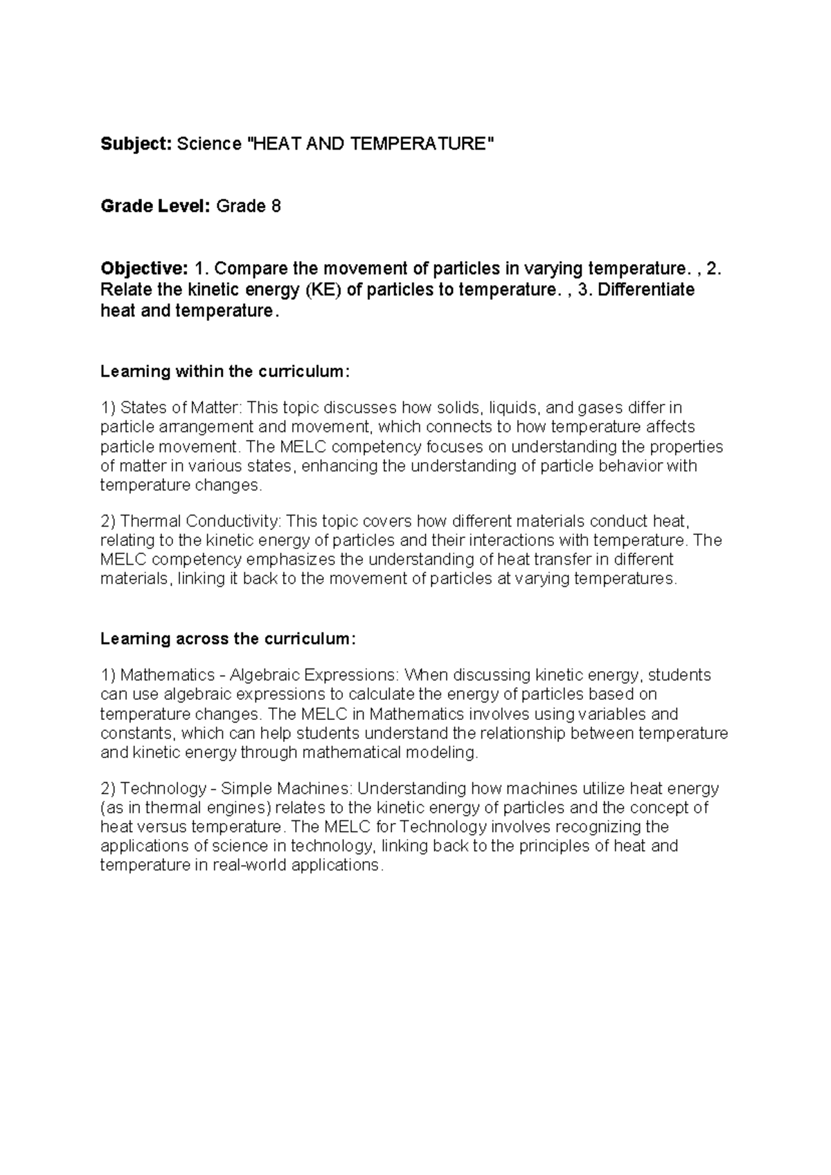 Science Lesson Plan: Grade 8 - Heat and Temperature Understanding - Studocu