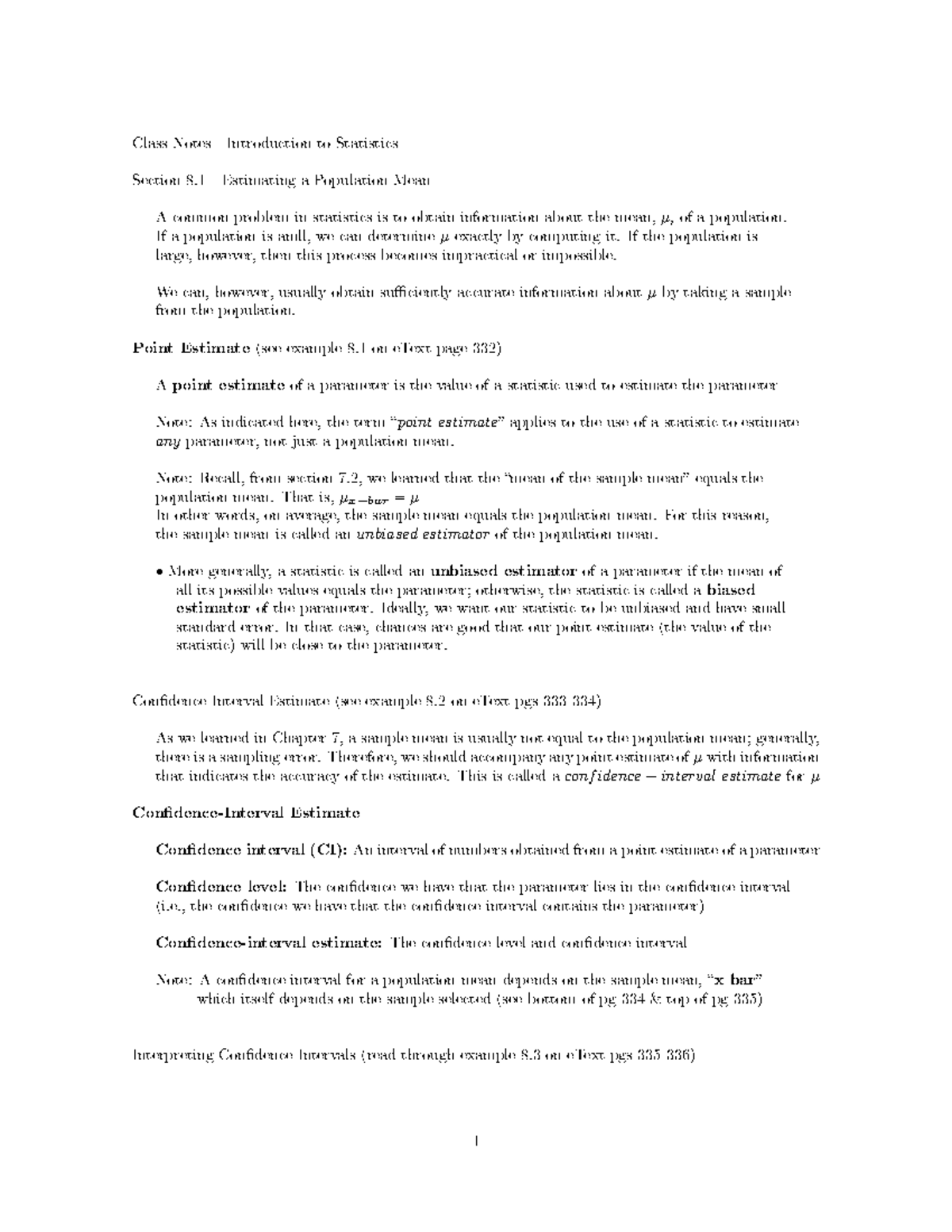 Statistical Methods for CI in Population Mean Estimation (Section 8.1 ...