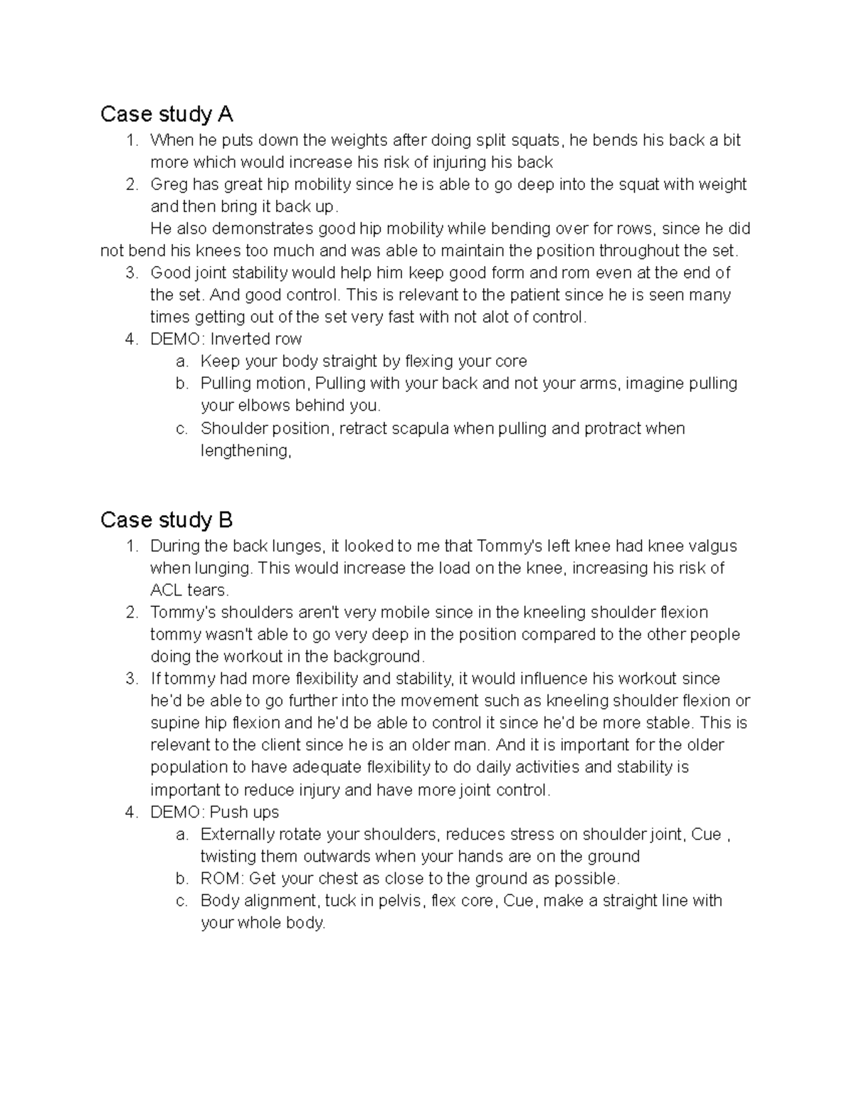 KPE182 Case Study Analysis: Injury Risks and Exercise Techniques - Studocu