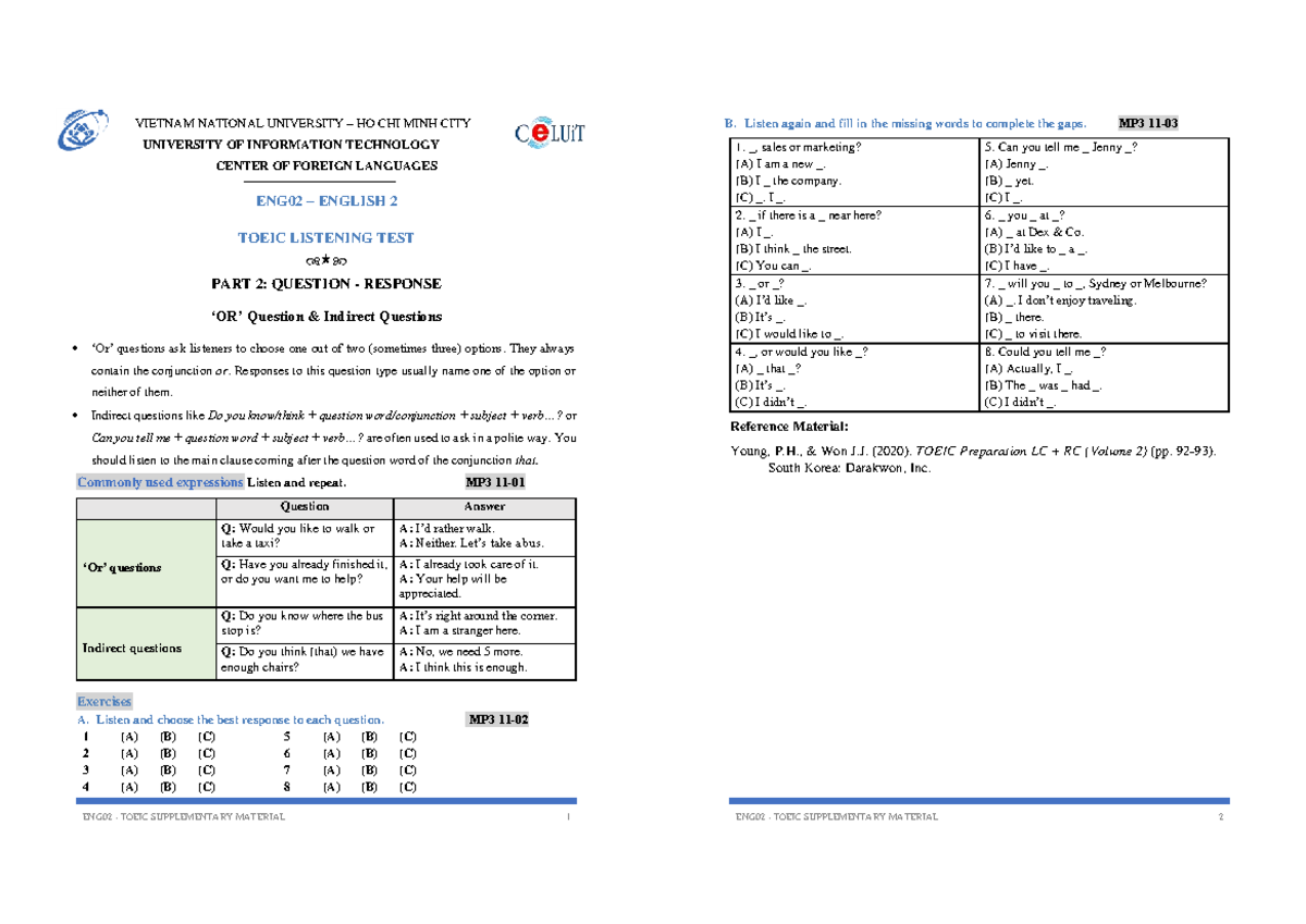 ENG02 TOEIC Listening and Speaking Test Supplementary Material - Studocu