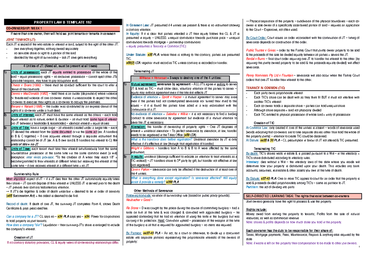 Property Law B: Joint Tenancy & Tenancy in Common Overview - Studocu