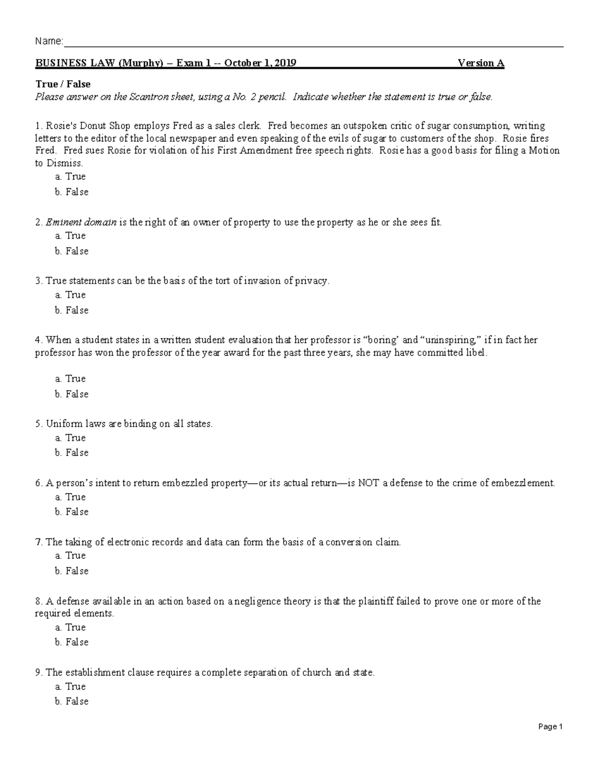 Ex1f19 - Practice Exam Material for Business Law, Prof. Murphy - Document Preview