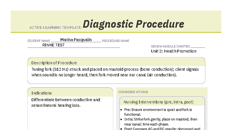 ACTIVE LEARNING TEMPLATE: Rinne Test Procedure (Unit 2) - Studocu