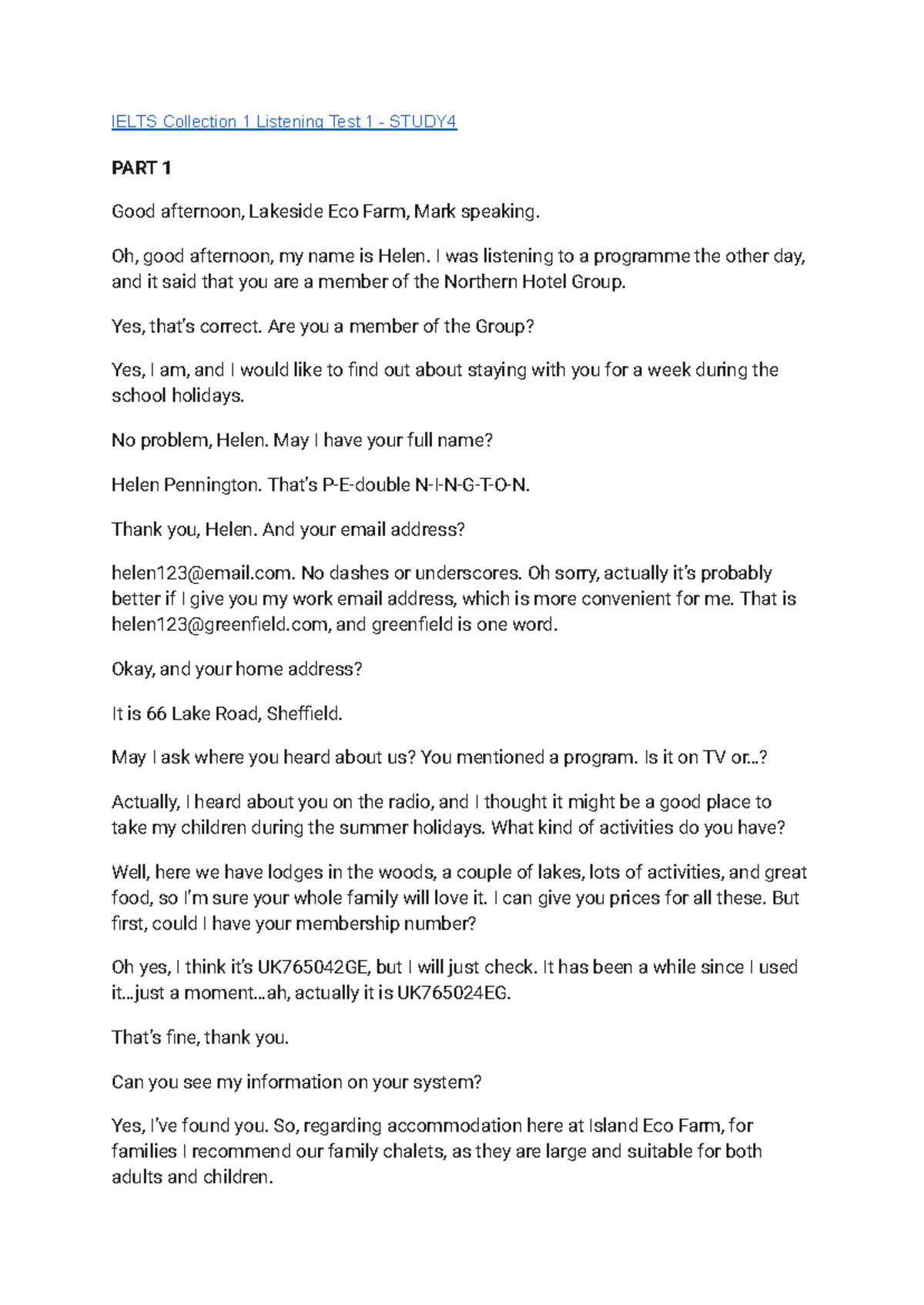 IELTS Listening Test 1: Lakeside Eco Farm Conversation Transcript - Studocu