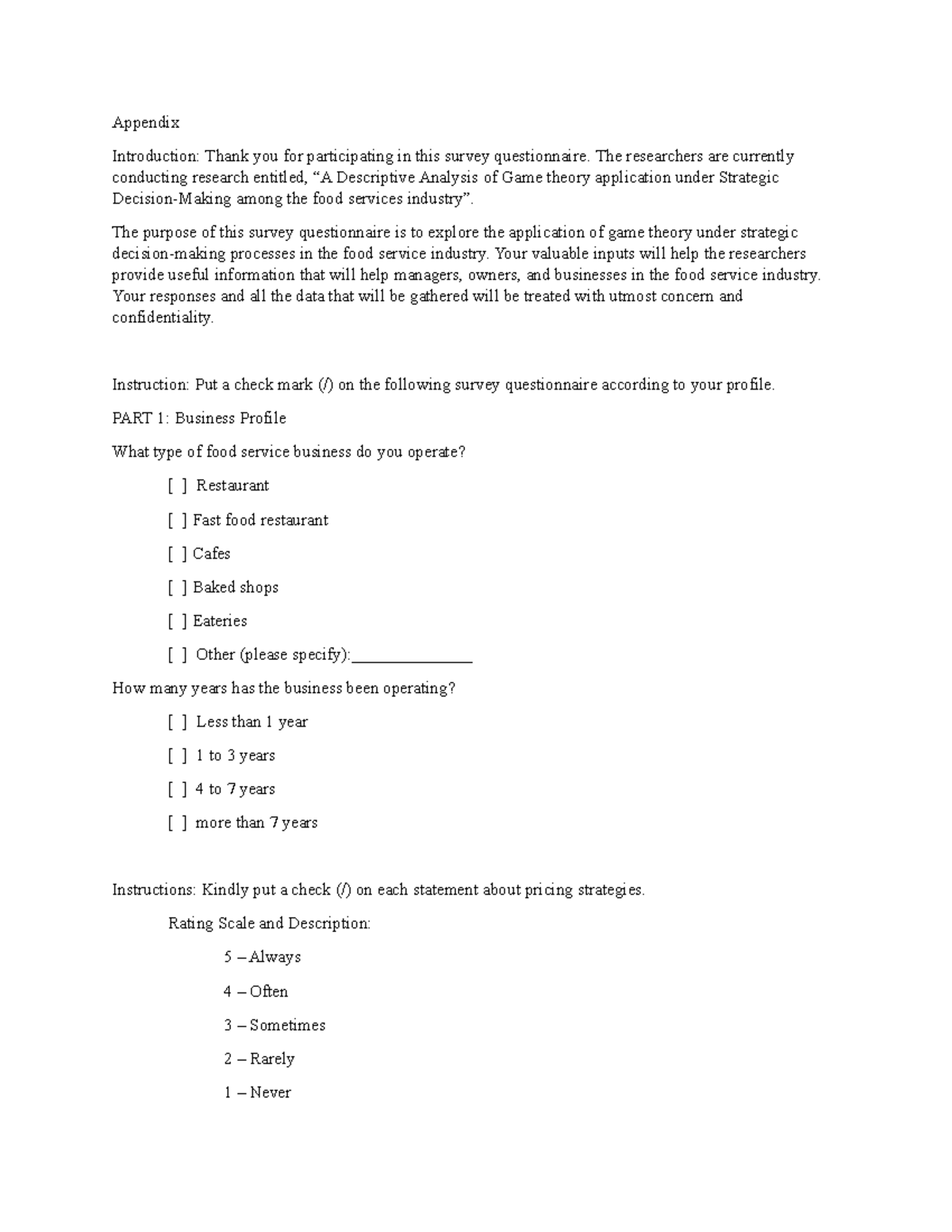 Appendix: Survey on Game Theory Application in Food Service Industry ...