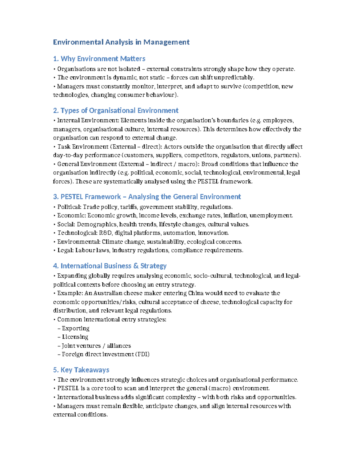 Management W3: Environmental Analysis & PESTEL Framework Summary - Studocu