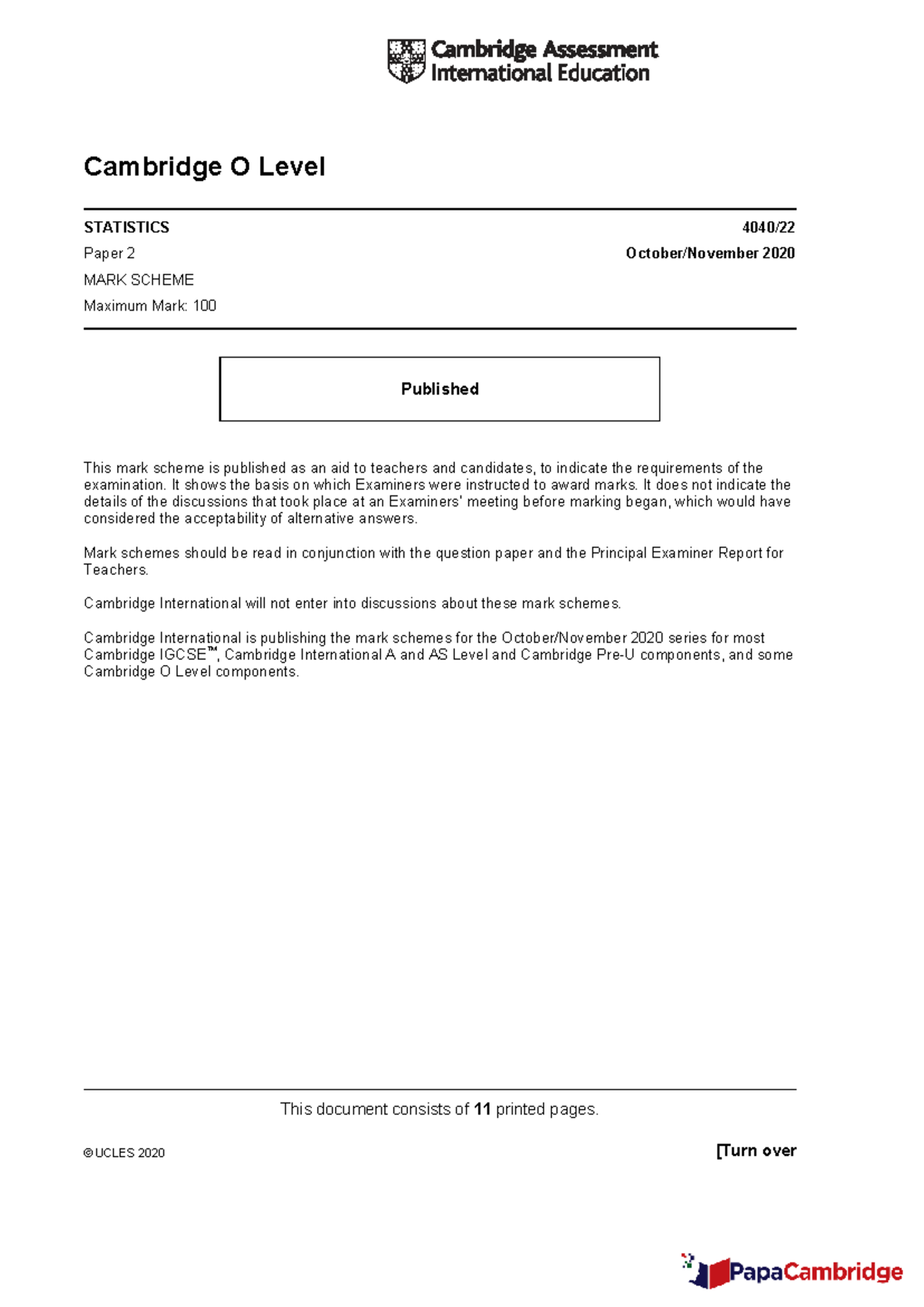 Cambridge O Level STATISTICS Paper 2 2020 Mark Scheme Analysis - Studocu