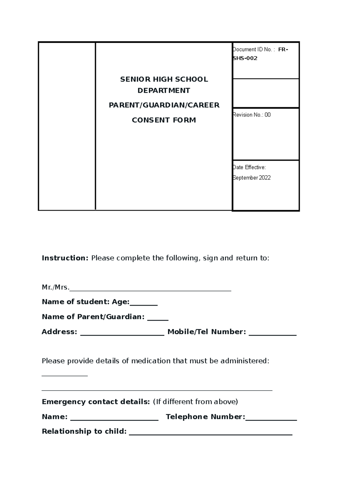 Senior High School Consent Form Waiver - Revision 00 - Studocu - All ...