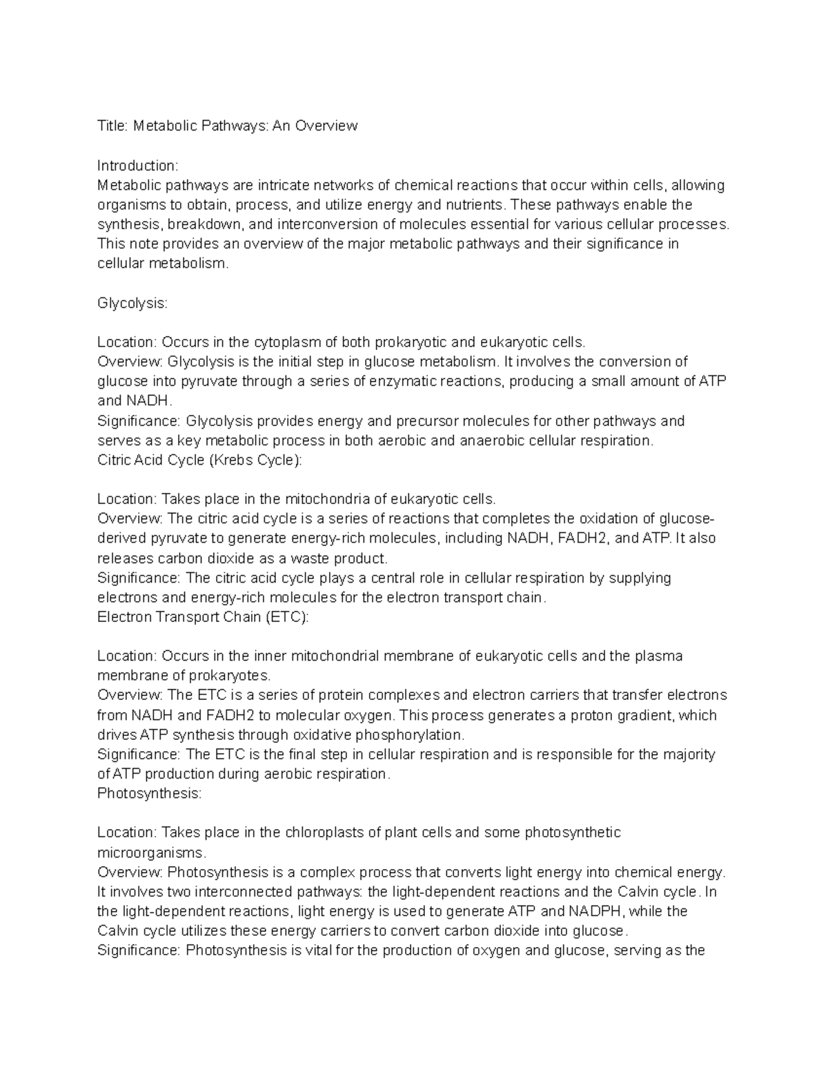 Metabolic Pathways Overview Notes for Biology 101 - Studocu