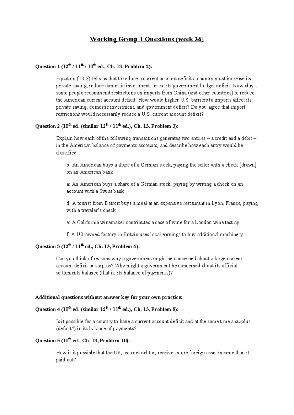 WG 1-3 Questions: Current Account and Exchange Rate Issues (12th ed ...
