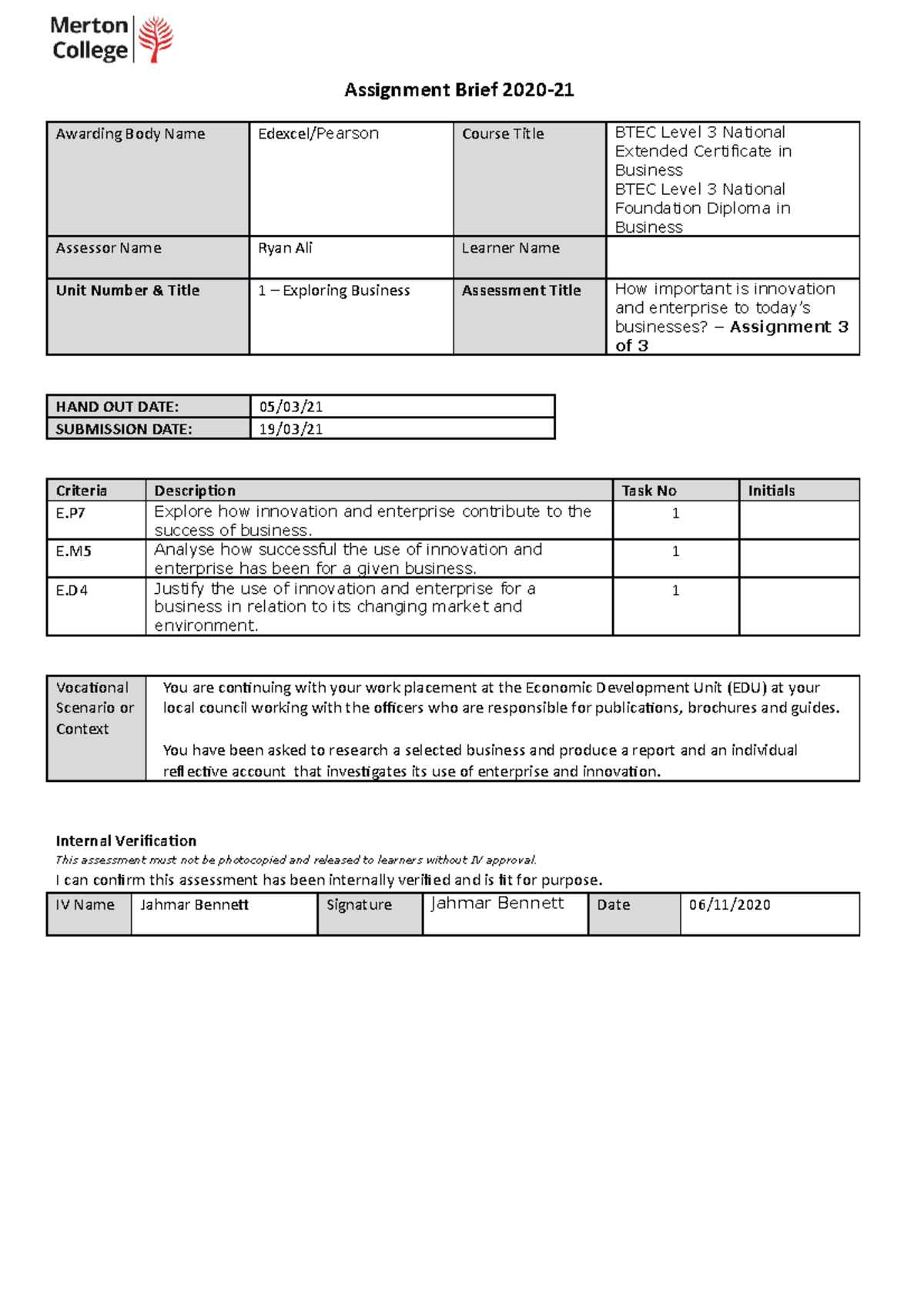 BTEC Level 3 Assignment 3: The Role of Innovation in Business - Studocu