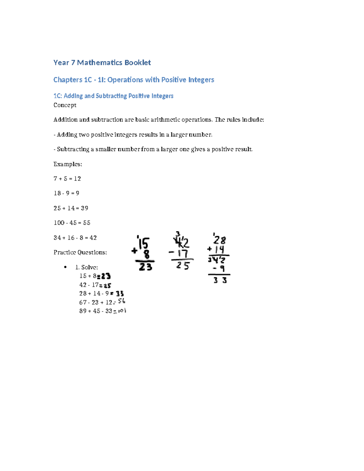 Year7 Maths Booklet 1C 1I - Year 7 Mathematics Booklet Chapters 1C - 1I ...