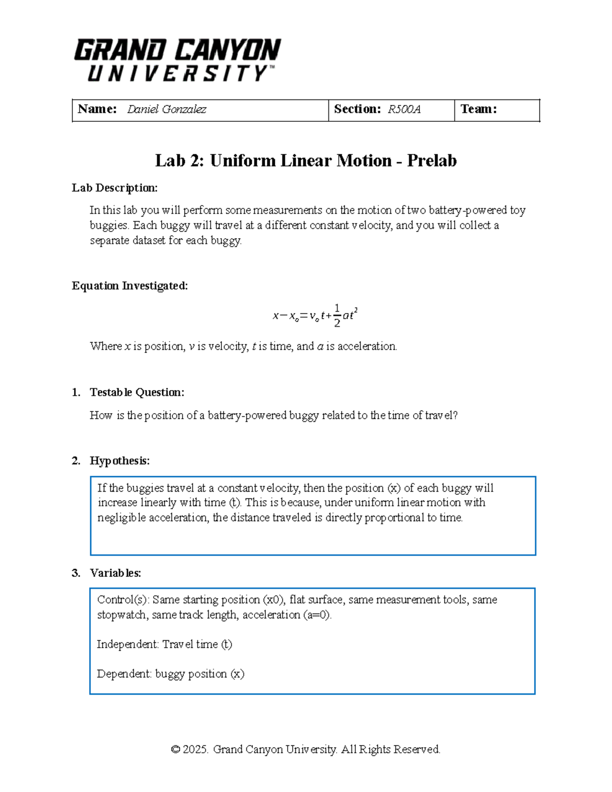 PHY111L R500A Lab 2: Uniform Linear Motion Prelab Report - Studocu