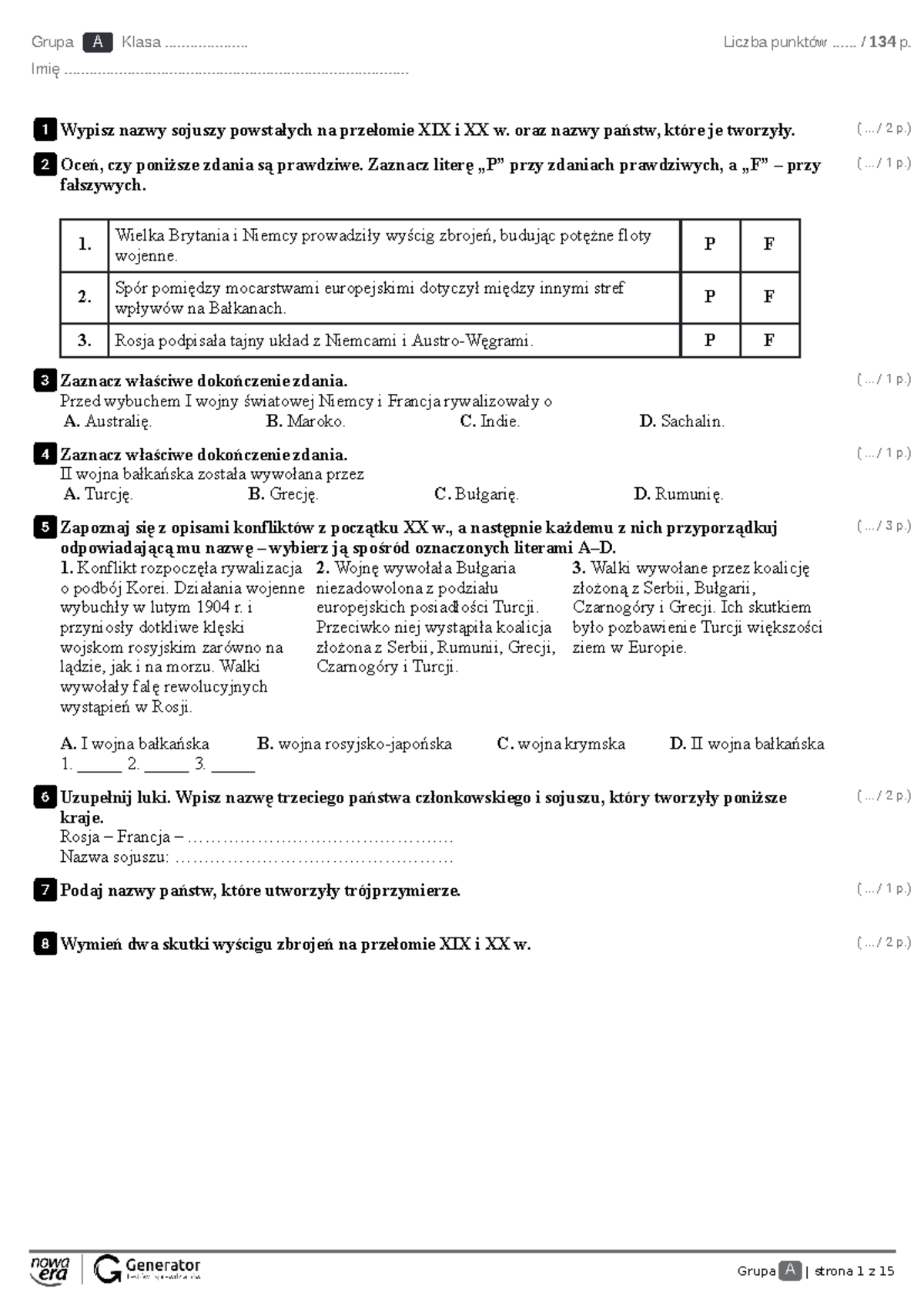 Pierwsza Wojna światowa Sprawdzian Klasa 7 www.studocu.com