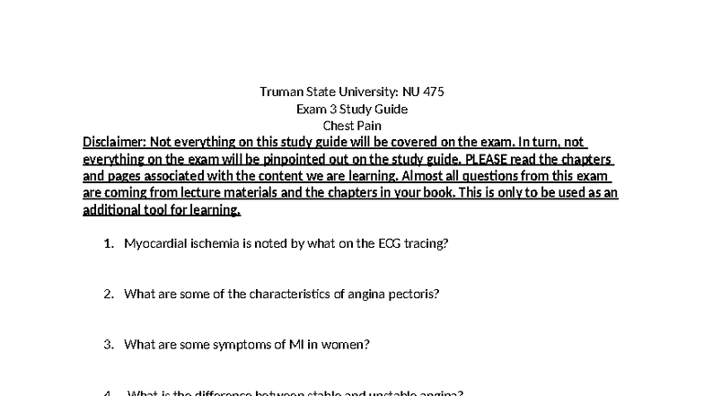 NU 475 Exam 3 Study Guide: Understanding Chest Pain and MI - Studocu