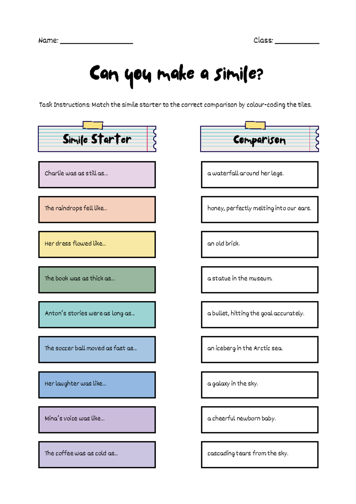 ENG 101: Simile Matching Worksheet with Creative Comparisons - Studocu