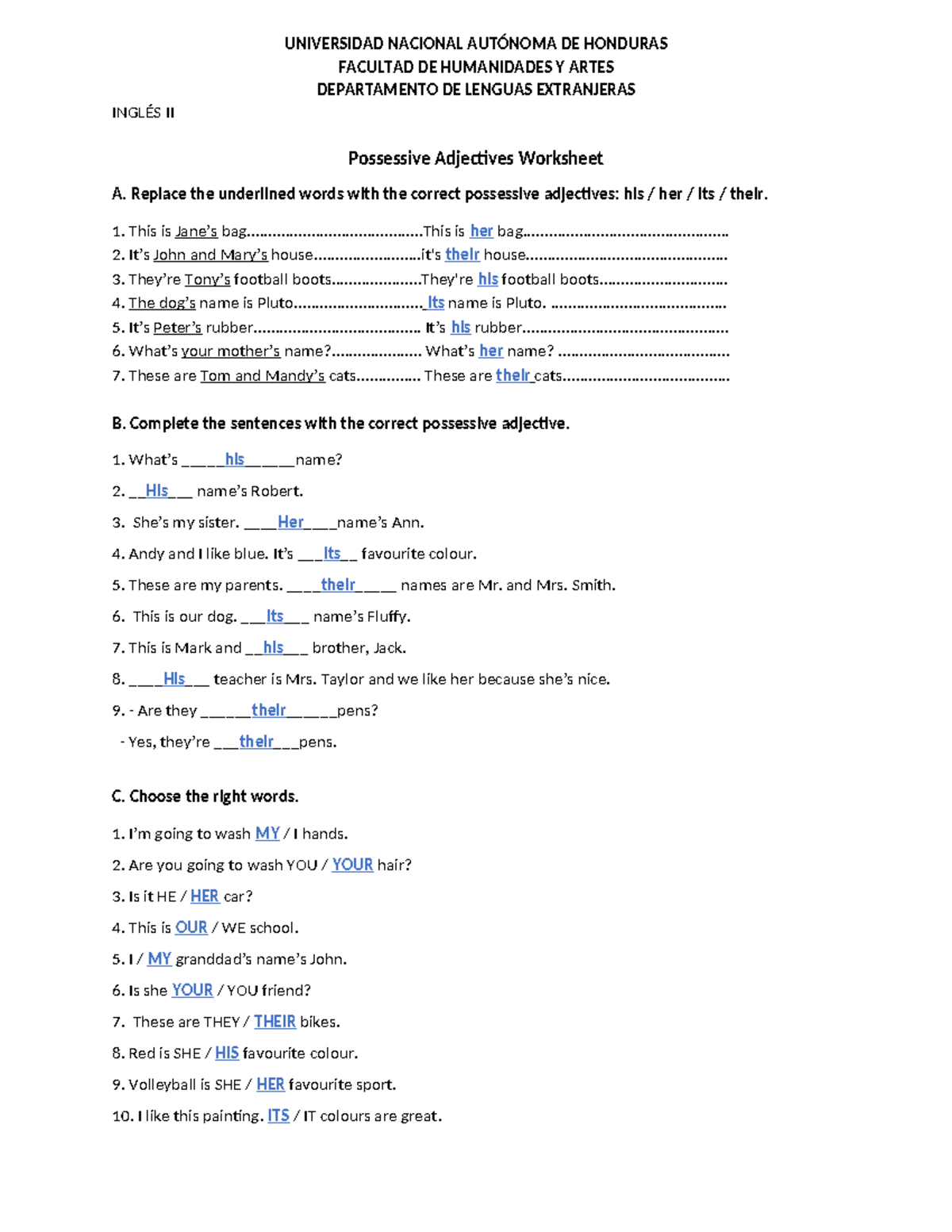 Possessive Adjectives Worksheet - INGLÉS II - Studocu