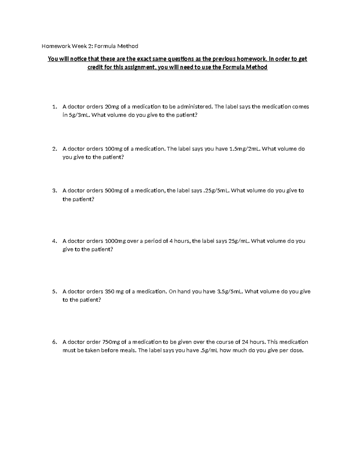Formula Method - Med math practice - Homework Week 2: Formula Method ...