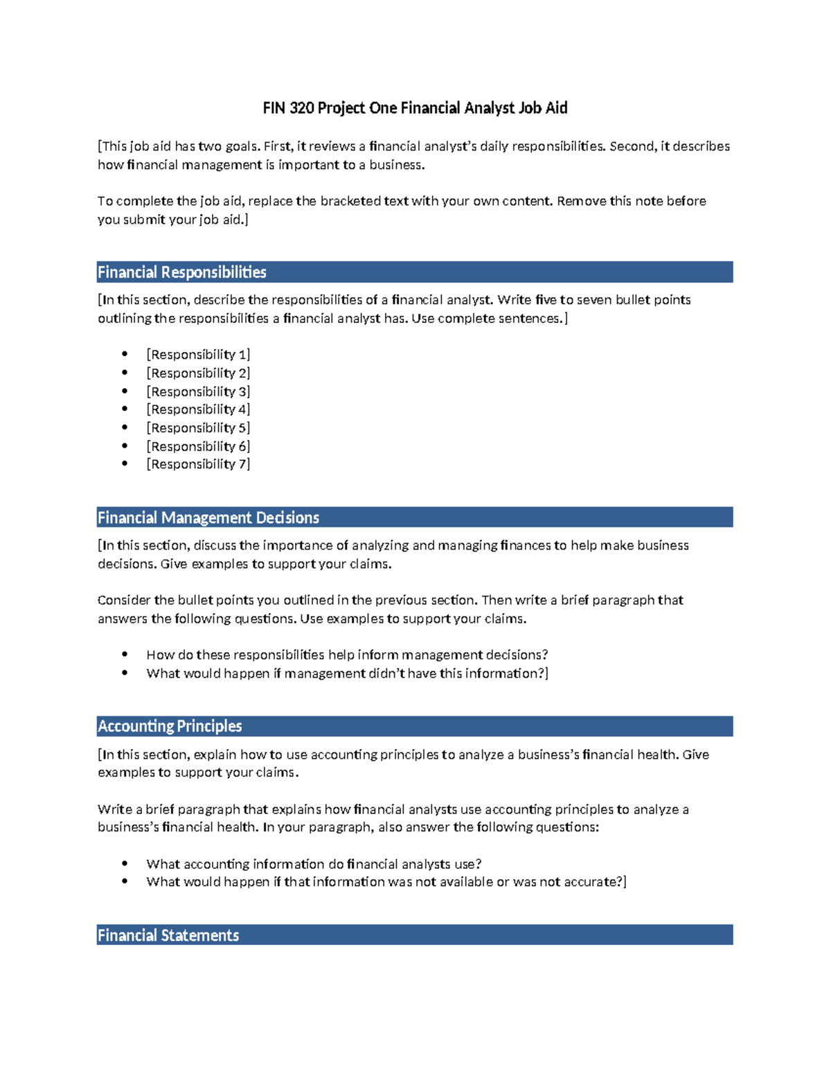 FIN 320 Project One: Financial Analyst Responsibilities & Insights ...
