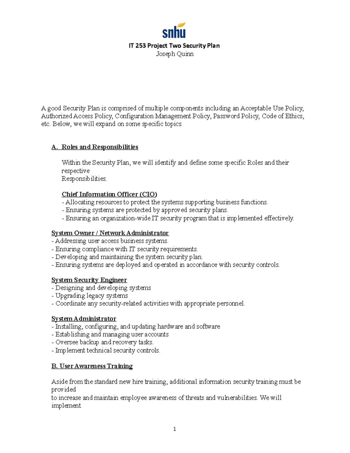 IT 253 Project Two Security Plan 2021 - IT 253 Project Two Security ...